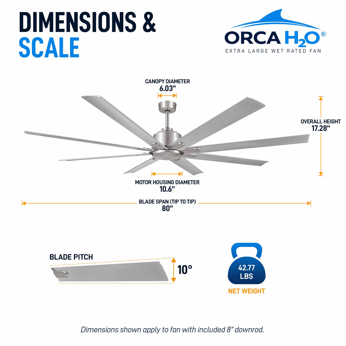 ORCA H₂O® 80" Ceiling Fan Brushed Nickel No Light — Dimensions and Weight Diagram