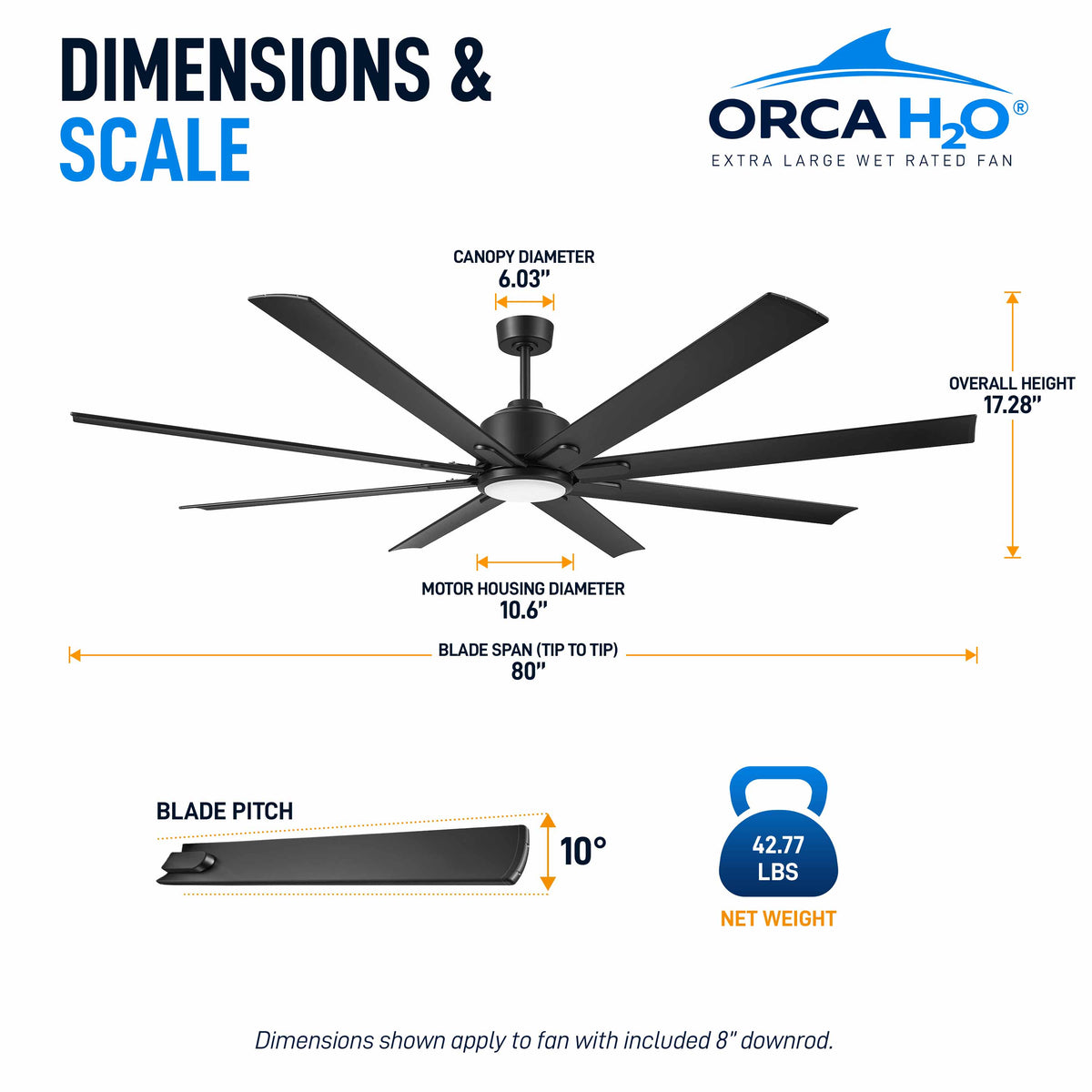 ORCA H₂O® 80" Ceiling Fan Matte Black — Dimensions and Weight Diagram