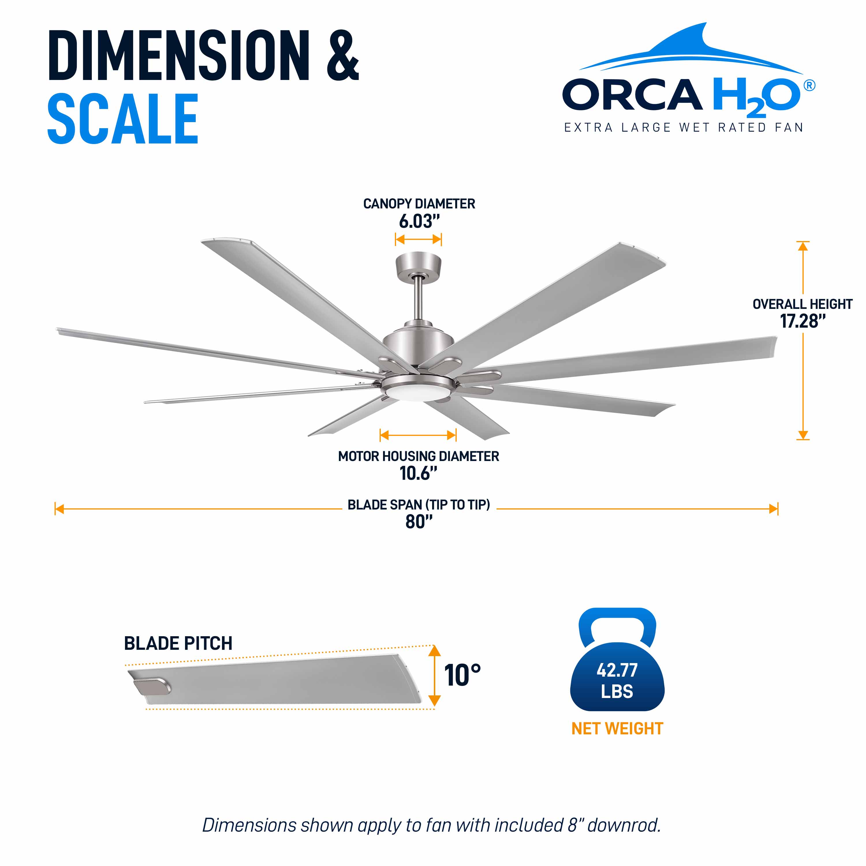 ORCA H₂O® 80" Ceiling Fan Brushed Nickel — Dimensions and Weight Diagram