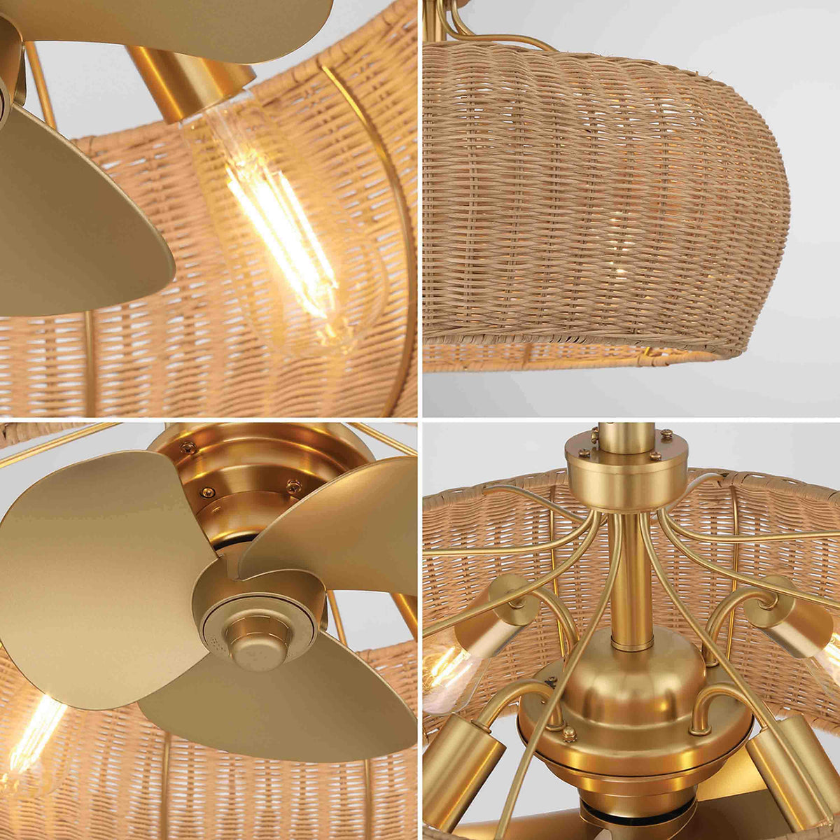 close up of Living Room ceiling fan featuring Maribel Fandelier Rattan 22inch Ceiling Fan in Aged Brass with LED lights and Remote Control