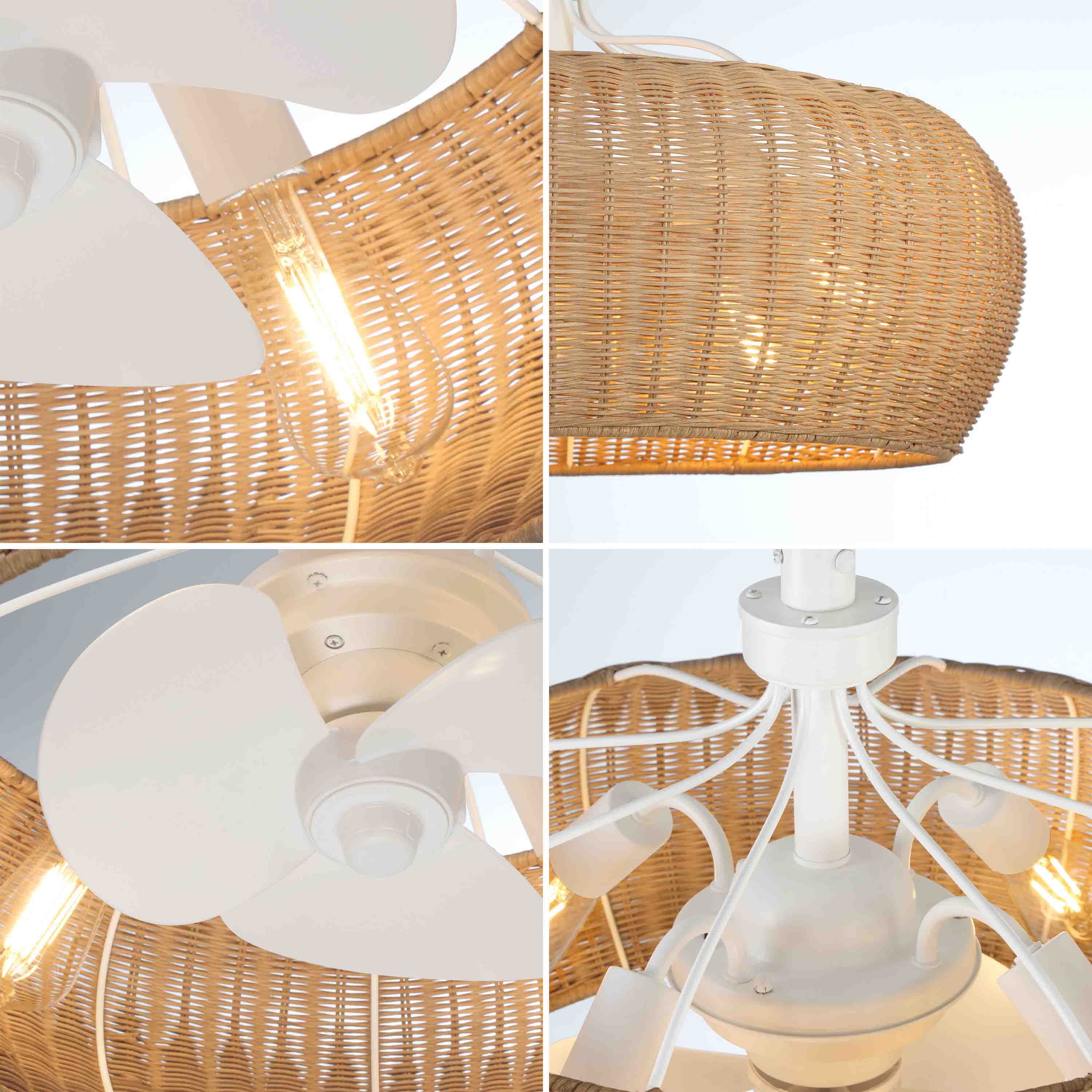 up close detailed images of MARIBEL® Fandelier- 22" Rattan Shade Ceiling Fan- Matte White with natural shade