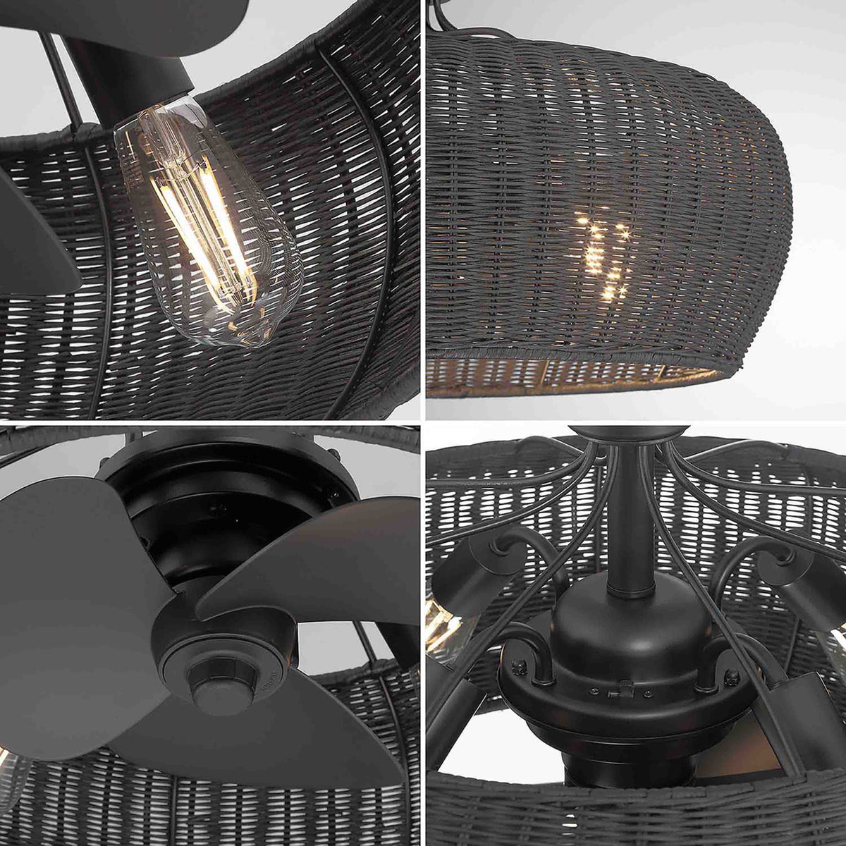 up close and detailed images of MARIBEL® Fandelier- 22" Rattan Shade Ceiling Fan- Matte Black