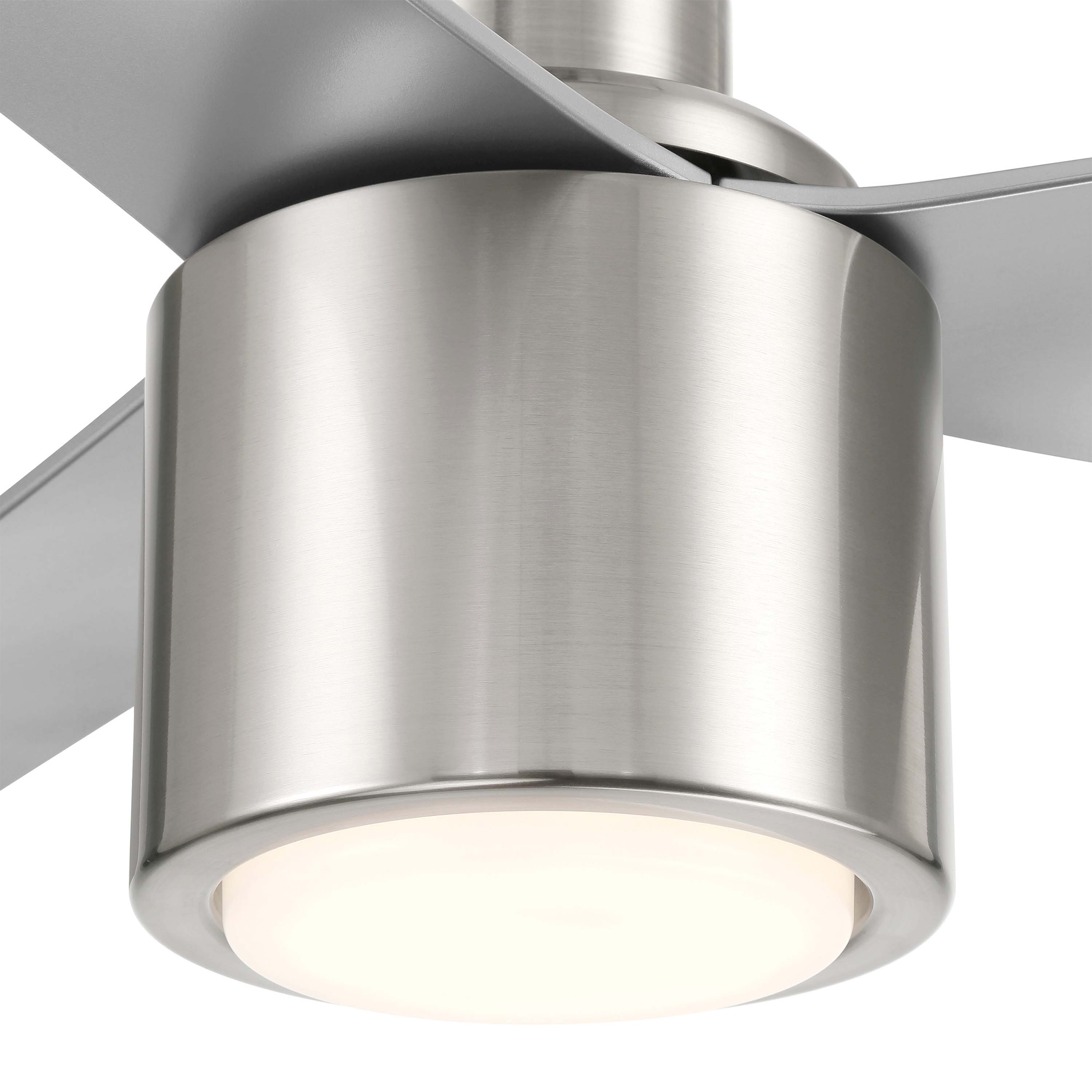 Close-up of a ceiling fan with brushed nickel finish on a white background