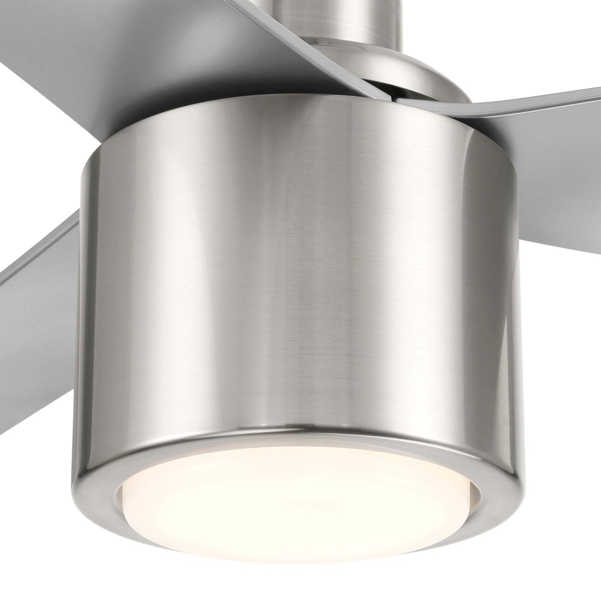 Close-up of a ceiling fan with brushed nickel finish on a white background