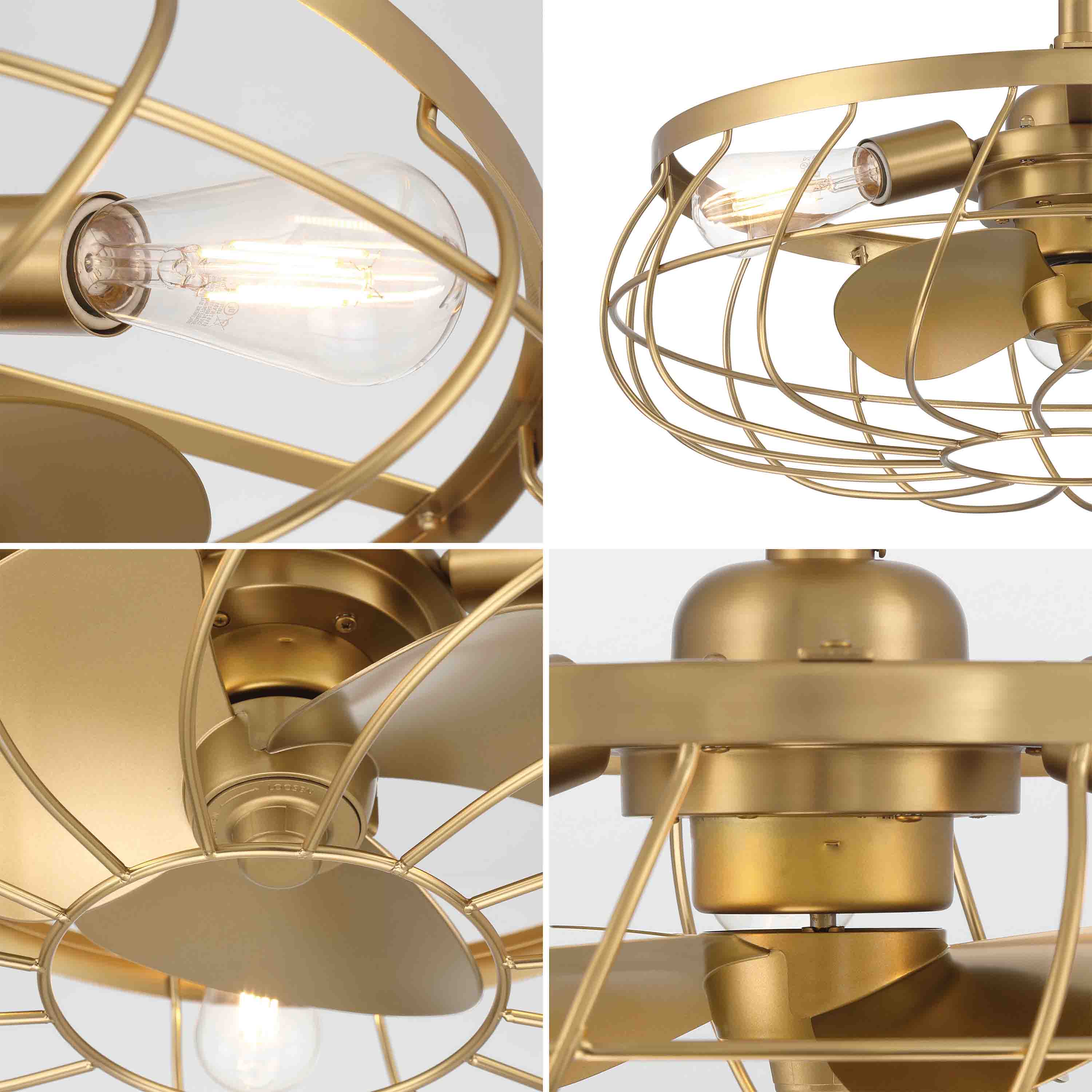 up close detailed images of Santiago® 22 inch Fandelier, a caged ceiling fan featured in Aged Brass Finish