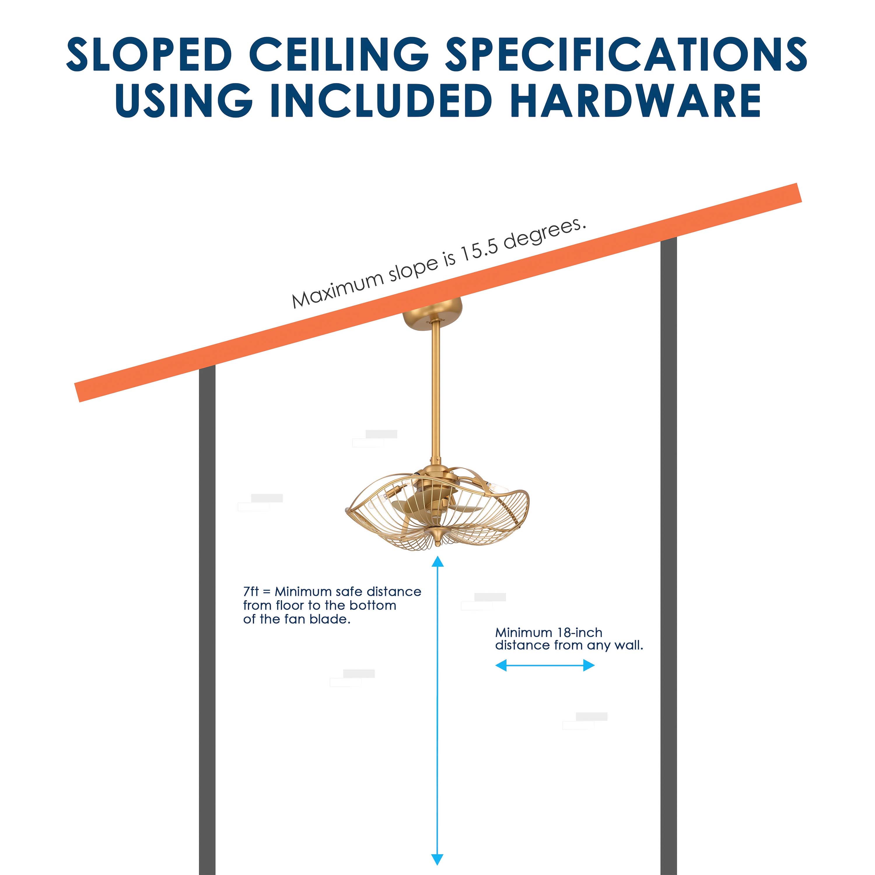 AURI™ Fandelier Ceiling Fan 22inch- Aged Brass Finish showing sloped angled ceiling mount