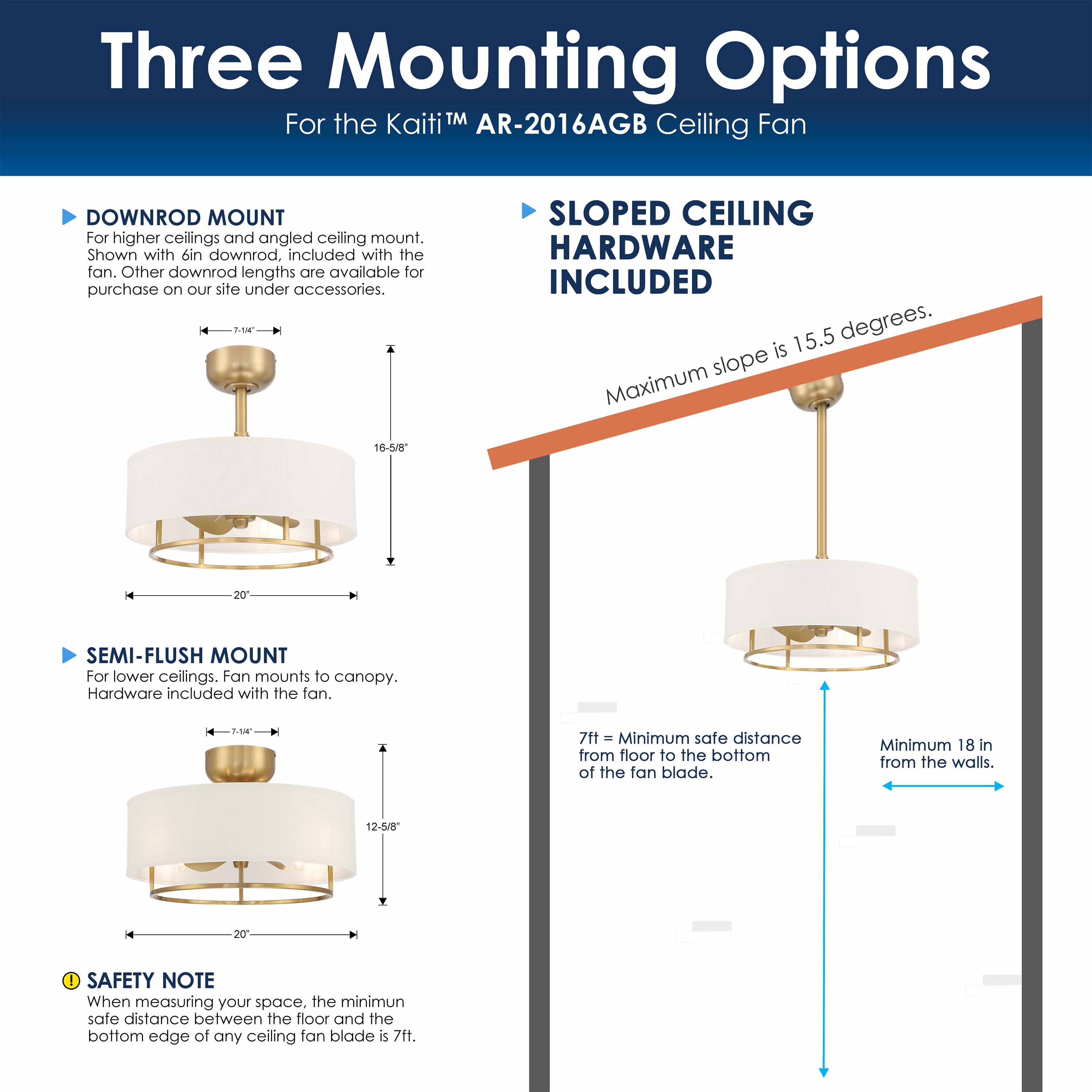 Sloped ceiling guide mount for KAITI™ Fandelier 20" Drum Shade Ceiling Fan in Aged Brass