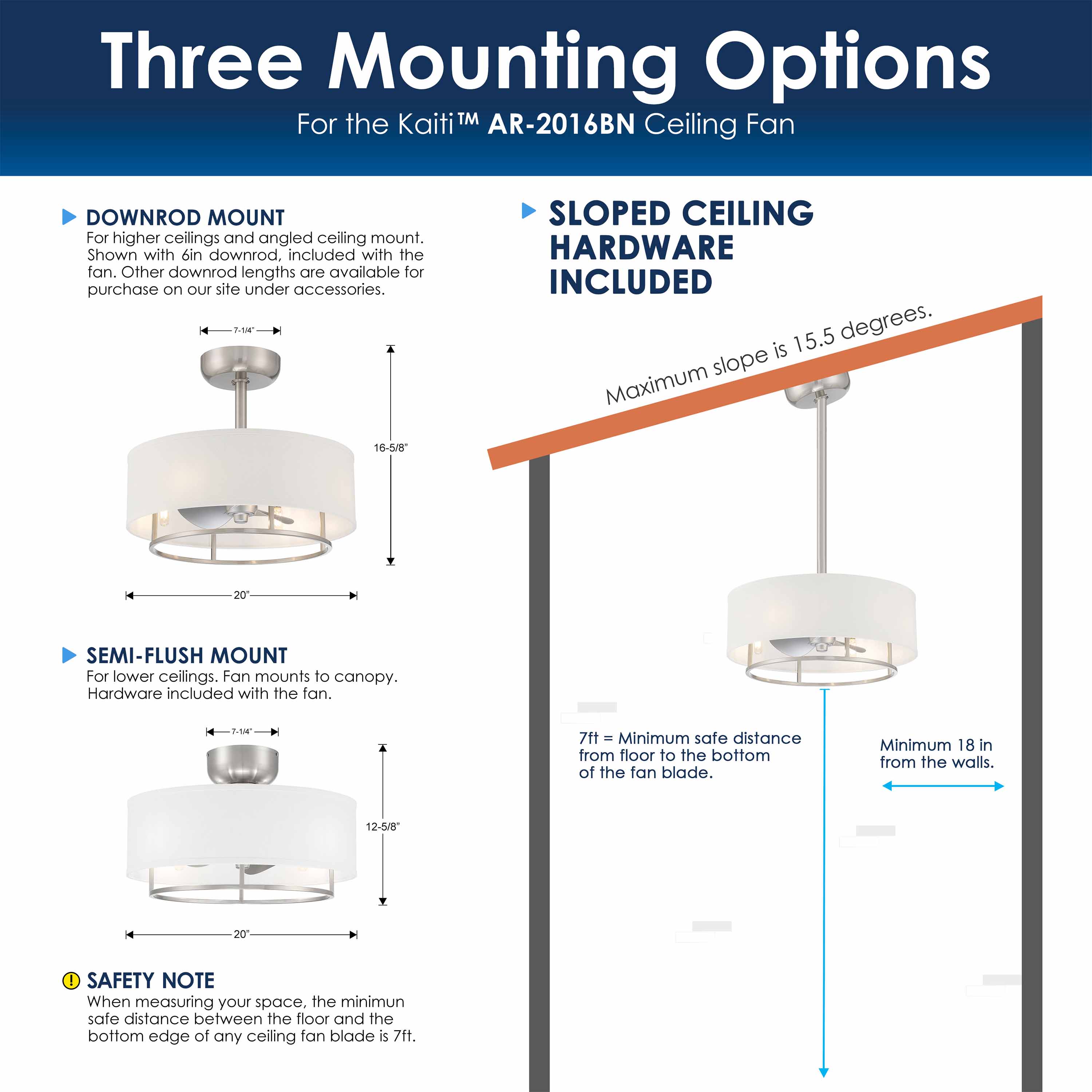 sloped ceiling guide for KAITI™ Fandelier- 20"Drum Shade Ceiling Fan in Brushed Nickel finish