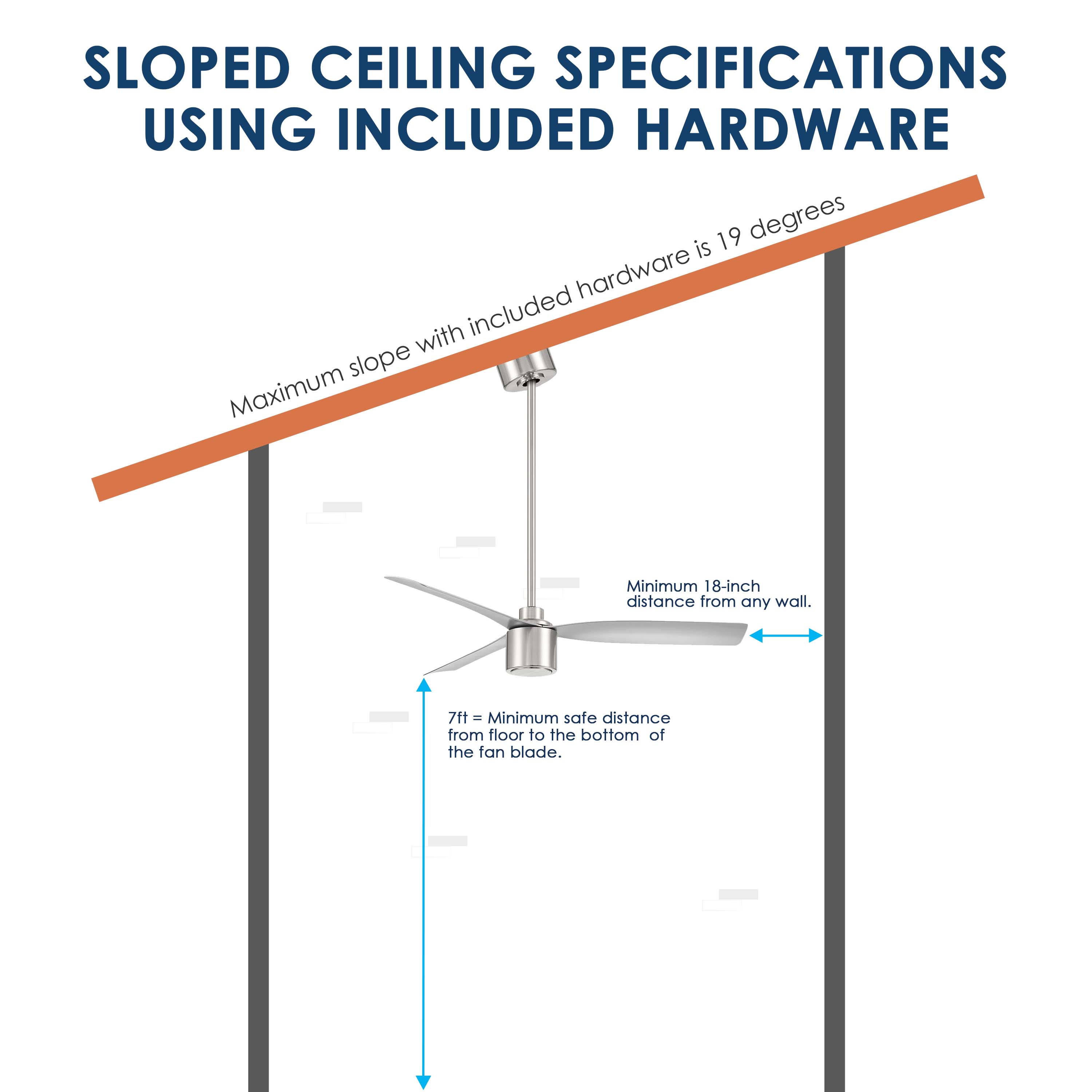 Diagram of the Ravian 3-blade ceiling fan with sloped ceiling specifications using included hardware on a white background.