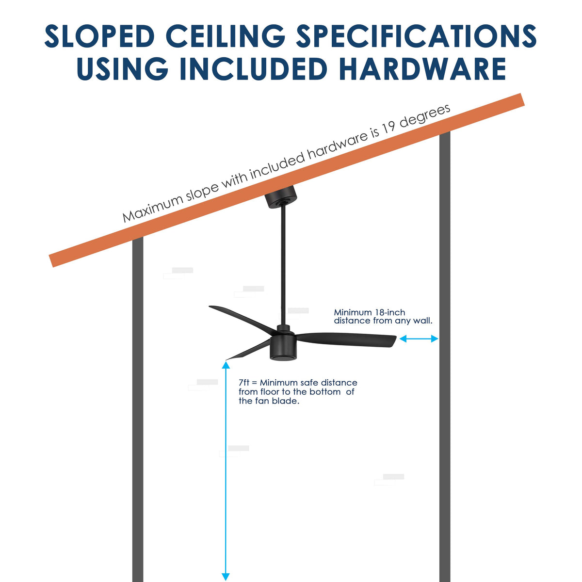 Ravian Ceiling fan with sloped ceiling specifications using included hardware on a white background