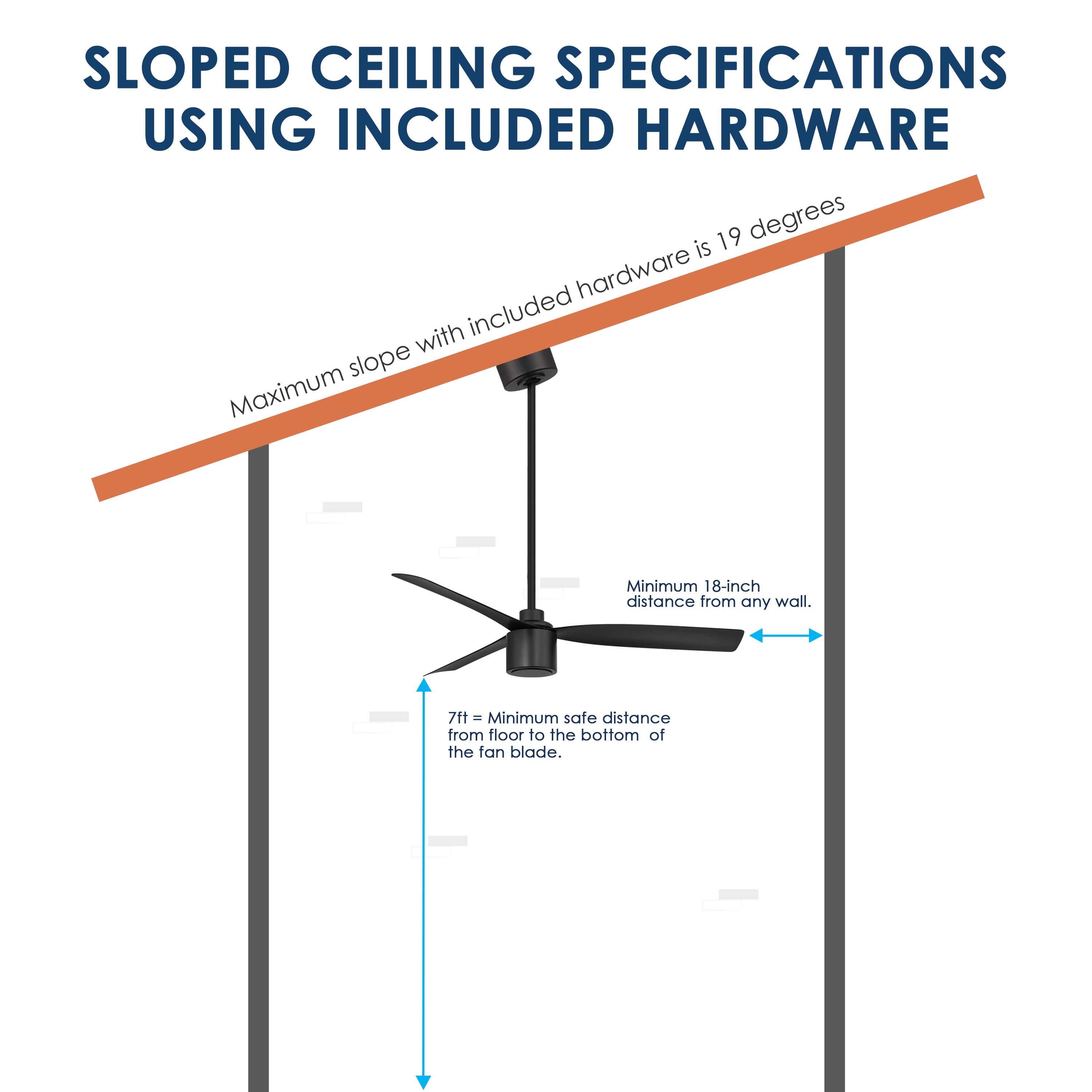 Ravian Ceiling fan with sloped ceiling specifications using included hardware on a white background