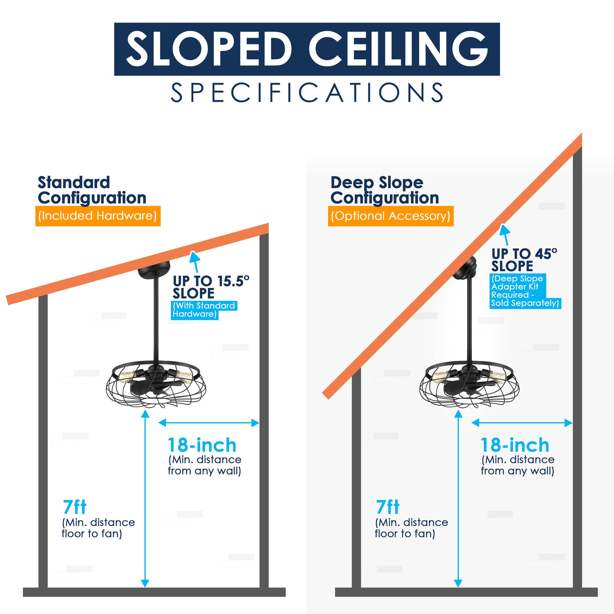 An informational diagram titled 'SLOPED CEILING SPECIFICATIONS' comparing two mounting configurations: Standard Configuration and Deep Slope Configuration. It shows a ceiling fan hanging from a bracket with dimension callouts for slope up to 15.
