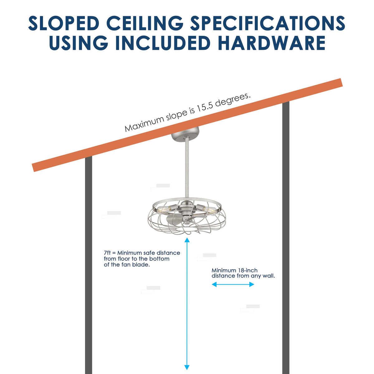 sloped ceiling mount guide for Santiago® 22 inch Fandelier Caged Ceiling fan in Galvanized Finish