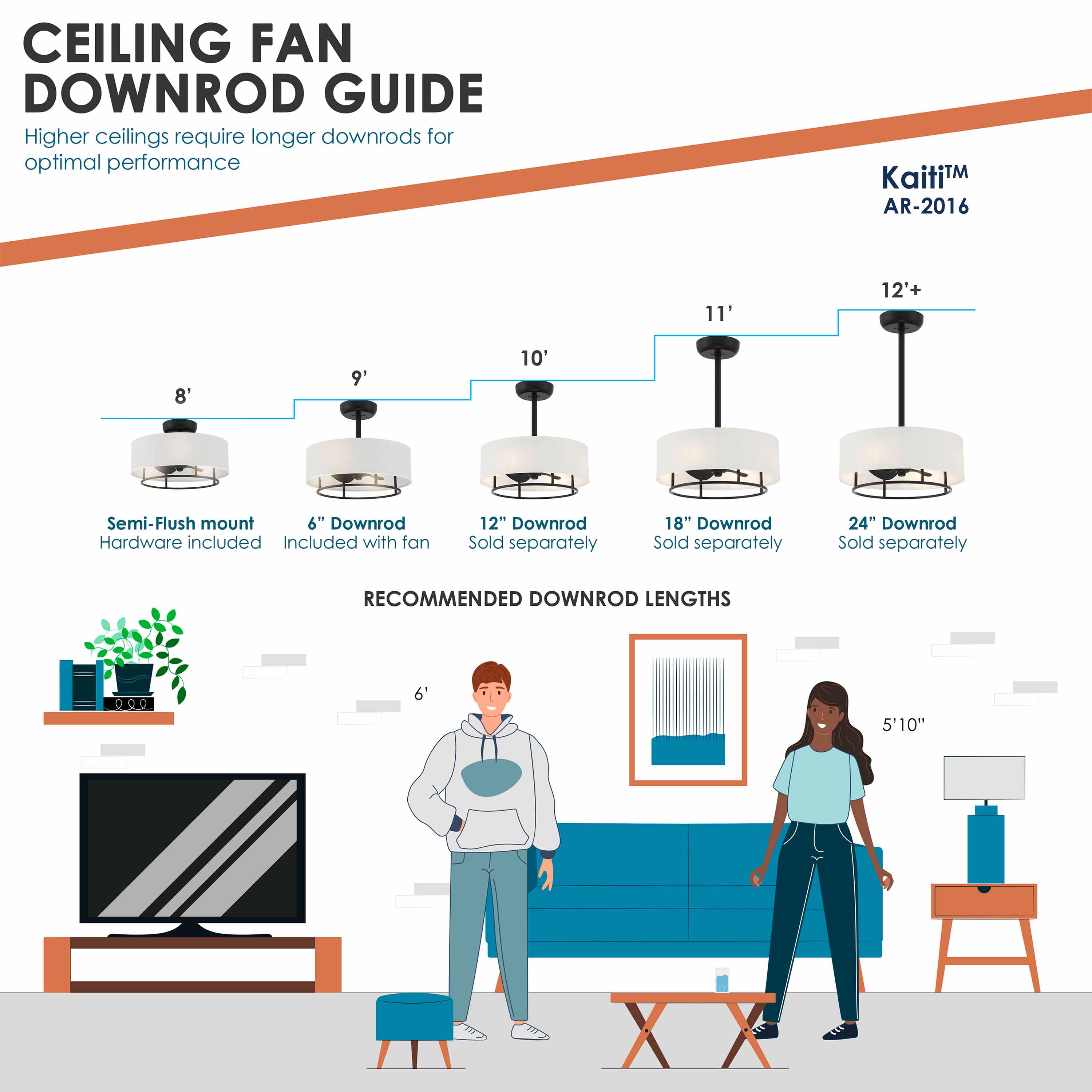 downrod guide for KAITI™ Fandelier - 20" Drum Shade Ceiling Fan in Matte Black Finish