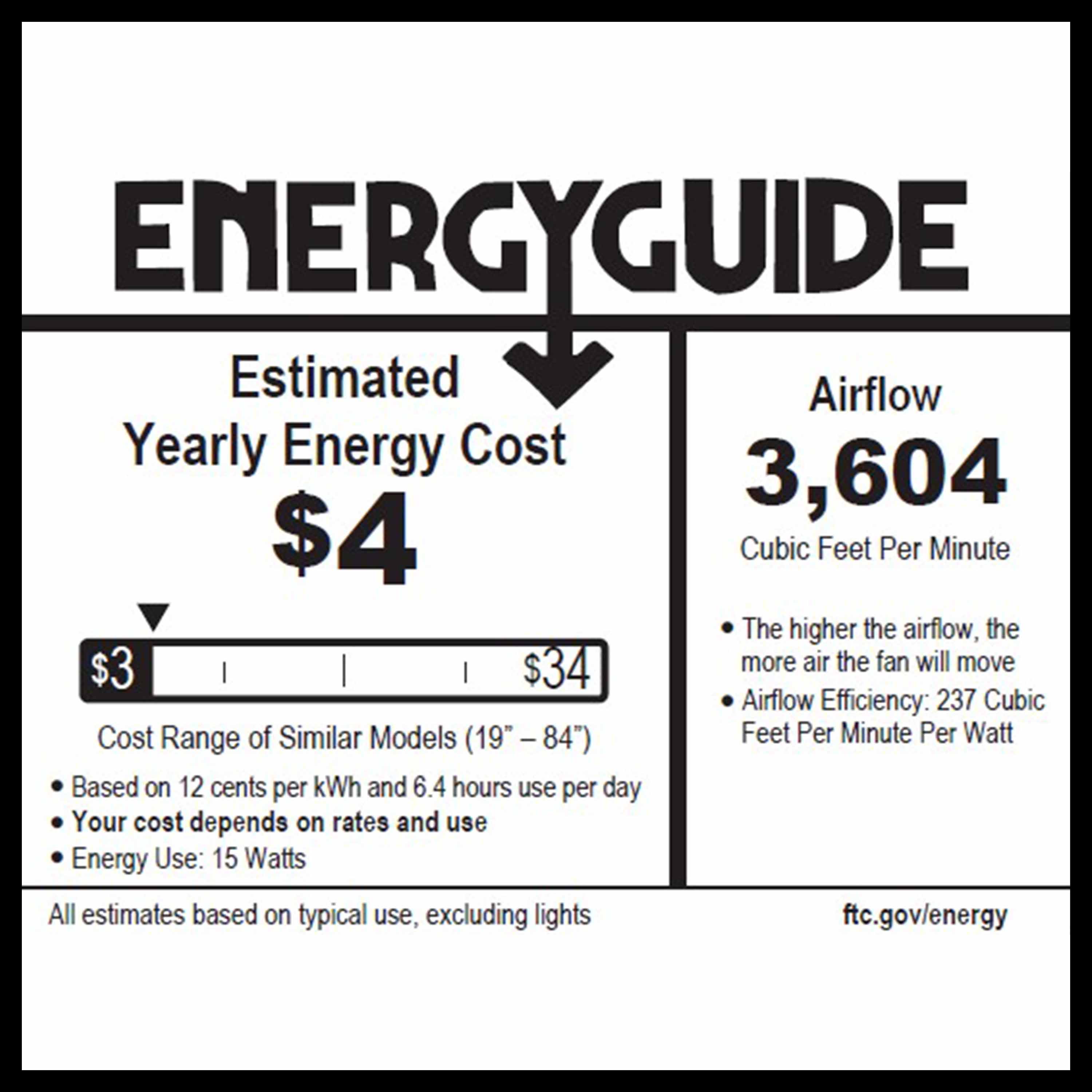 Energy guide label with estimated yearly energy cost and airflow details.