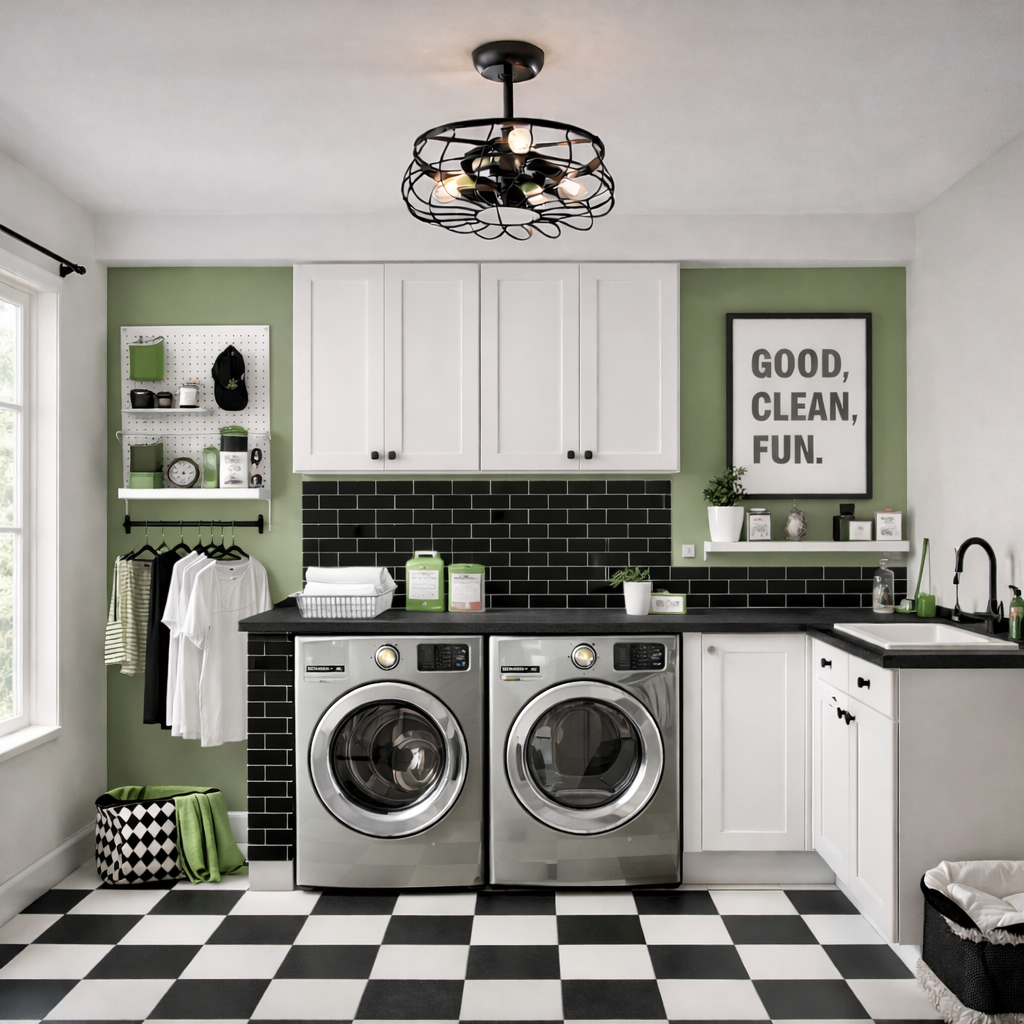 laundry room featuring Santiago® 22 inch Caged Ceiling Fan Fandelier in Matte Black Finish