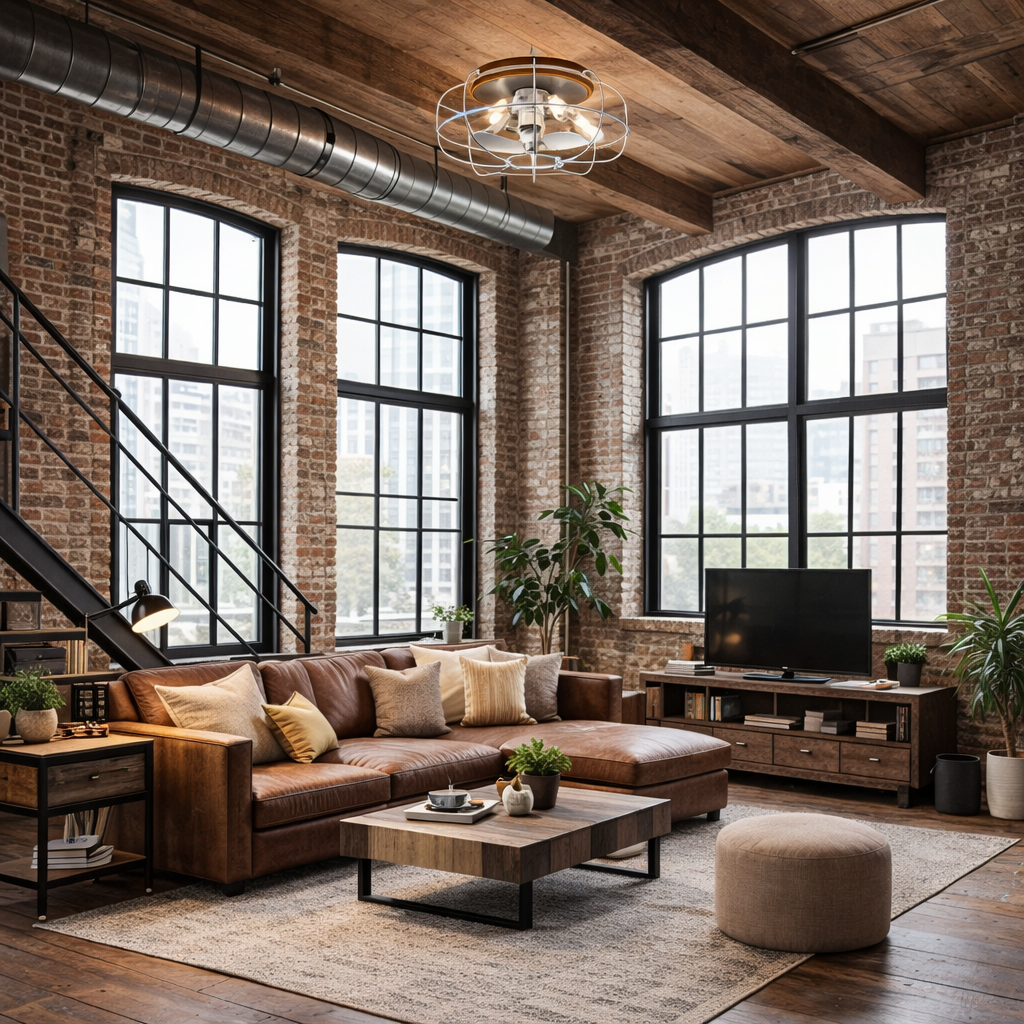 industrial living room featuring JAXON® 22" Flush Mount Caged Ceiling Fan in the Galvanized Finish