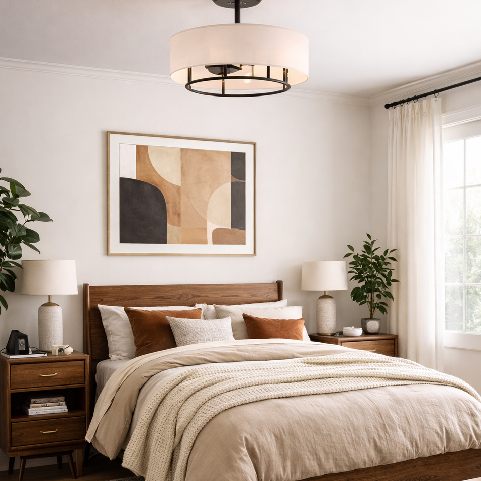 modern bedroom featuring KAITI™ Fandelier - 20" Drum Shade Ceiling Fan in Matte Black Finish