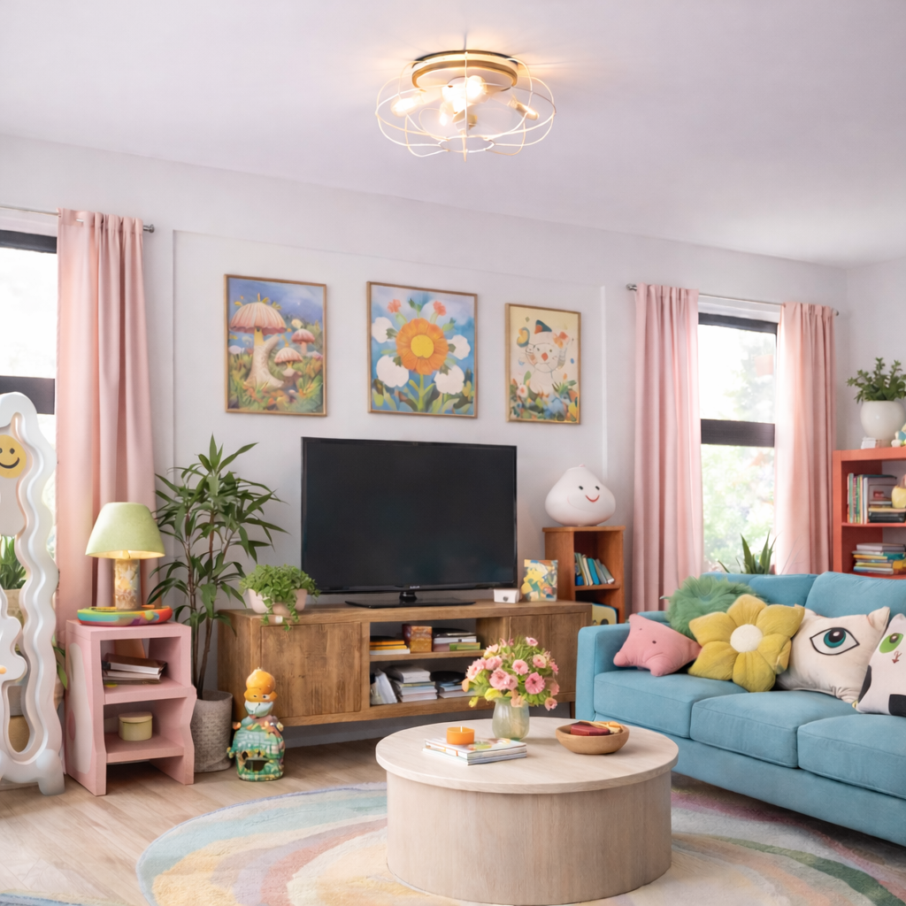 kids playroom featuring JAXON® 22" Flush Mount Caged Ceiling Fan in Matte White Finish