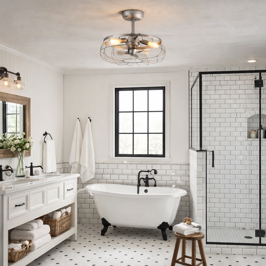 bathroom featuring Santiago® 22 inch Fandelier Caged Ceiling fan in Galvanized Finish