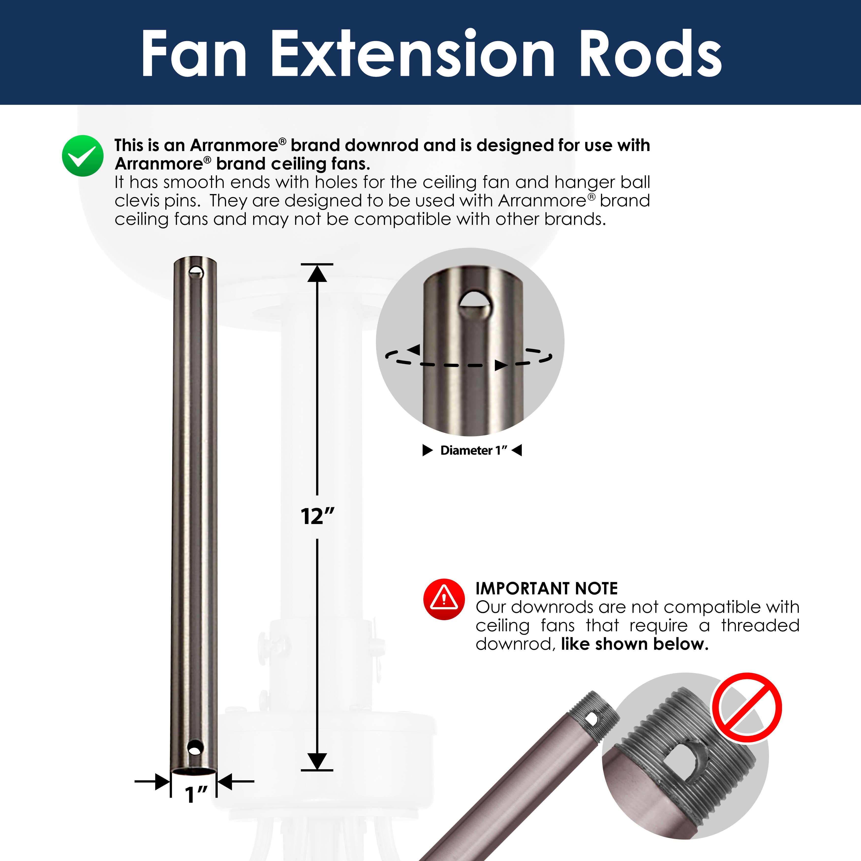 12-inch fan extension rod in brushed nickel with dimensions and compatibility information on a white background