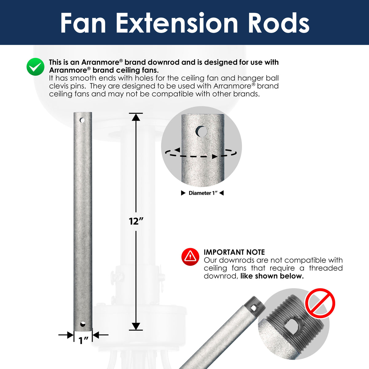 12-inch Fan extension rod in galvanized with specifications and compatibility information on a white background