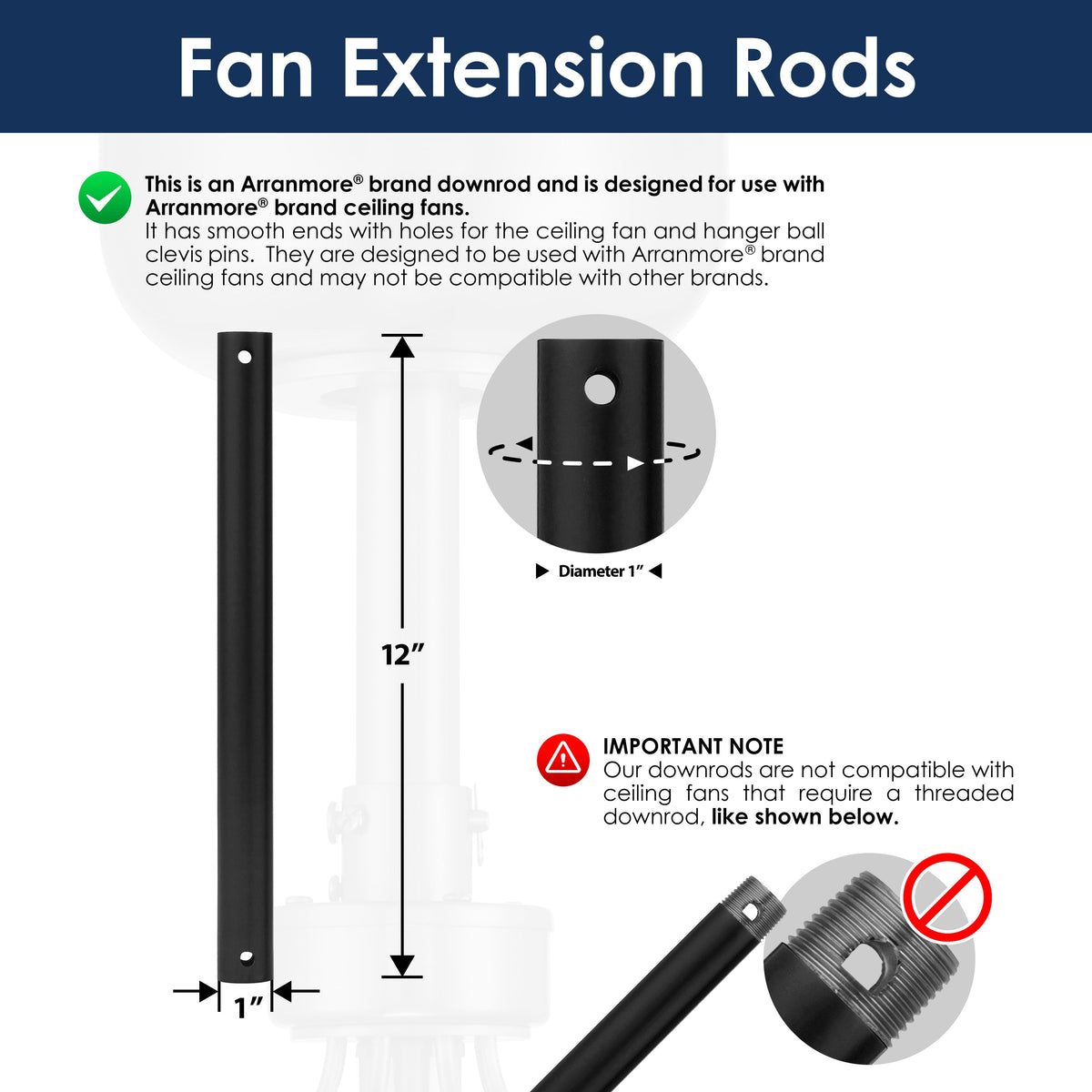 12-inch fan extension rod in matte black with dimensions and compatibility information on a white background
