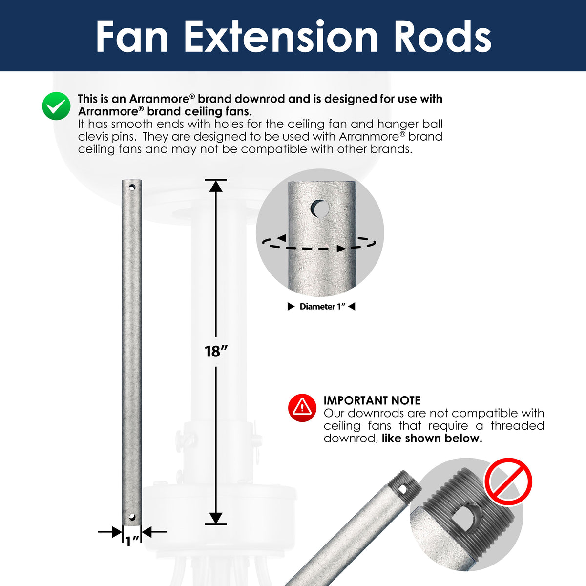 18-inch Fan extension rod in galvanized with specifications and compatibility information on a white background