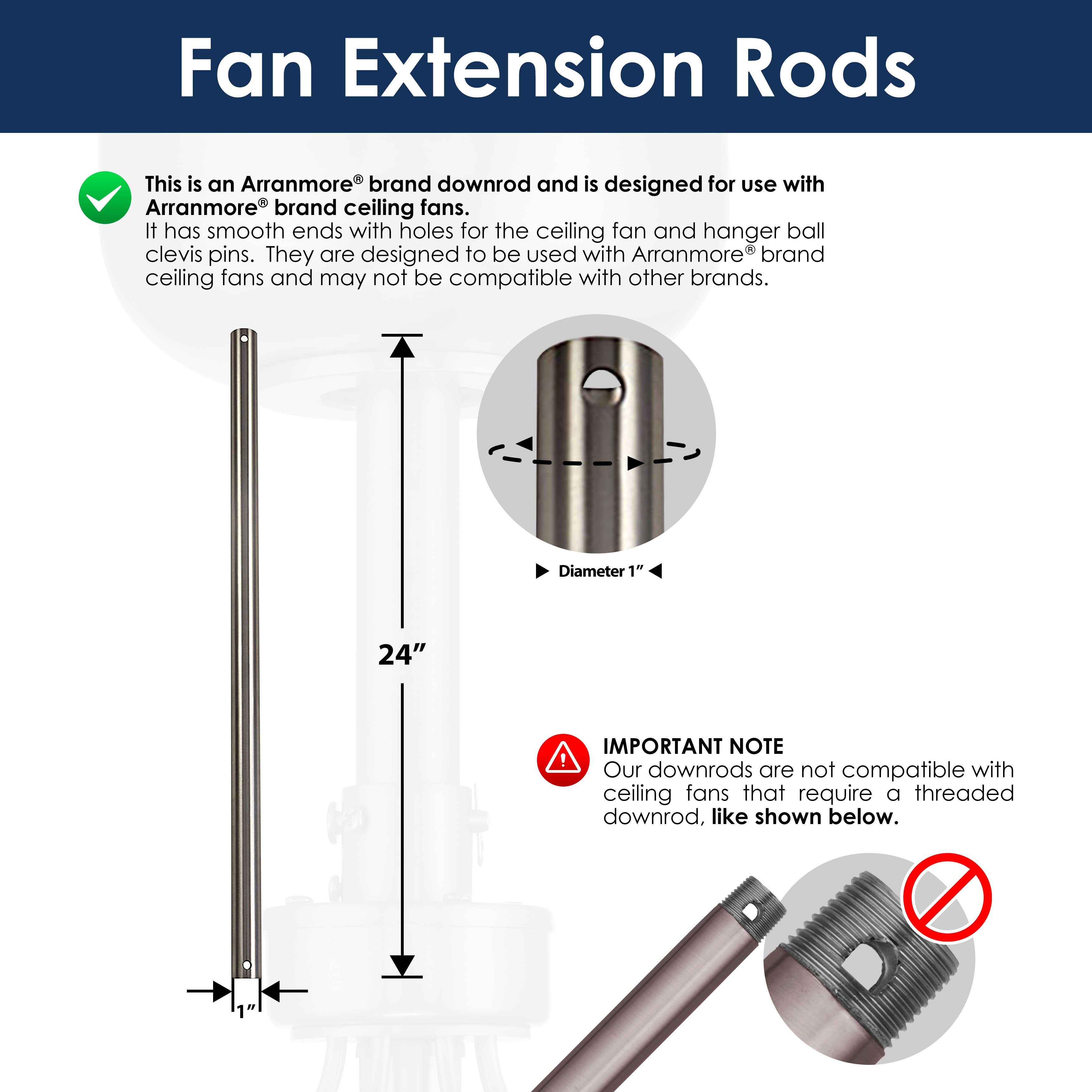 24-inch fan extension rod in brushed nickel with dimensions and compatibility information on a white background