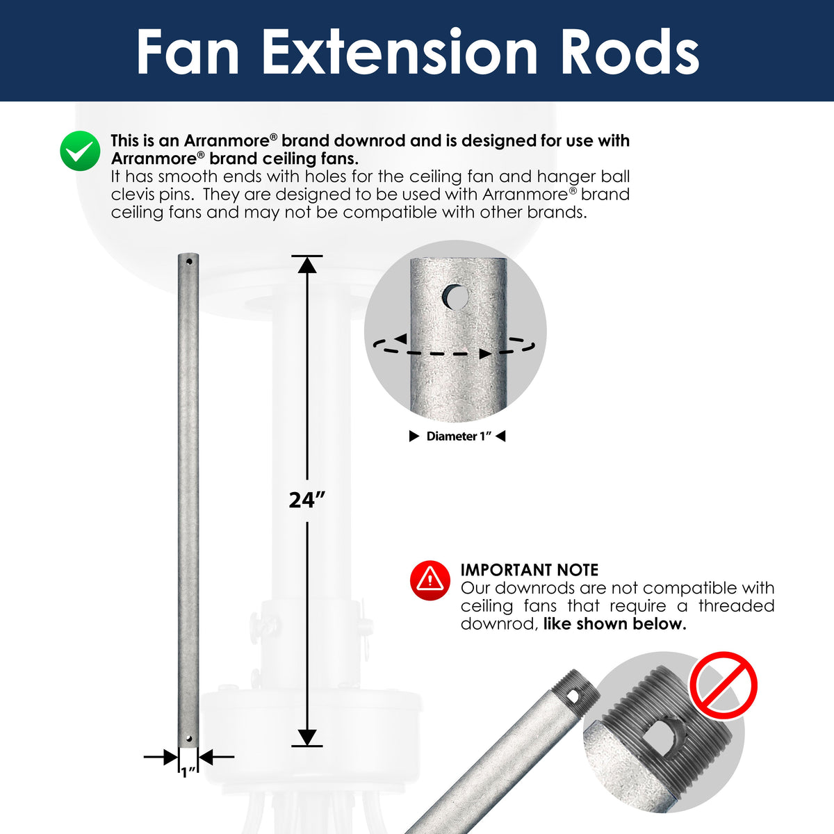24-inch Fan extension rod in galvanized with specifications and compatibility information on a white background
