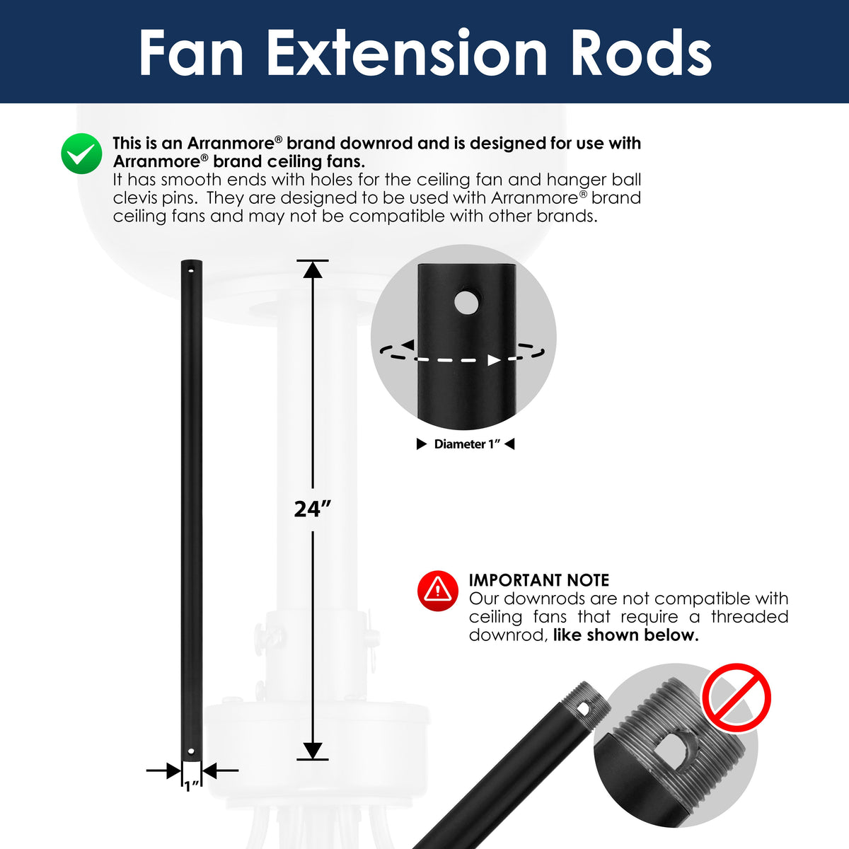 24-inch fan extension rod in matte black with dimensions and compatibility information on a white background