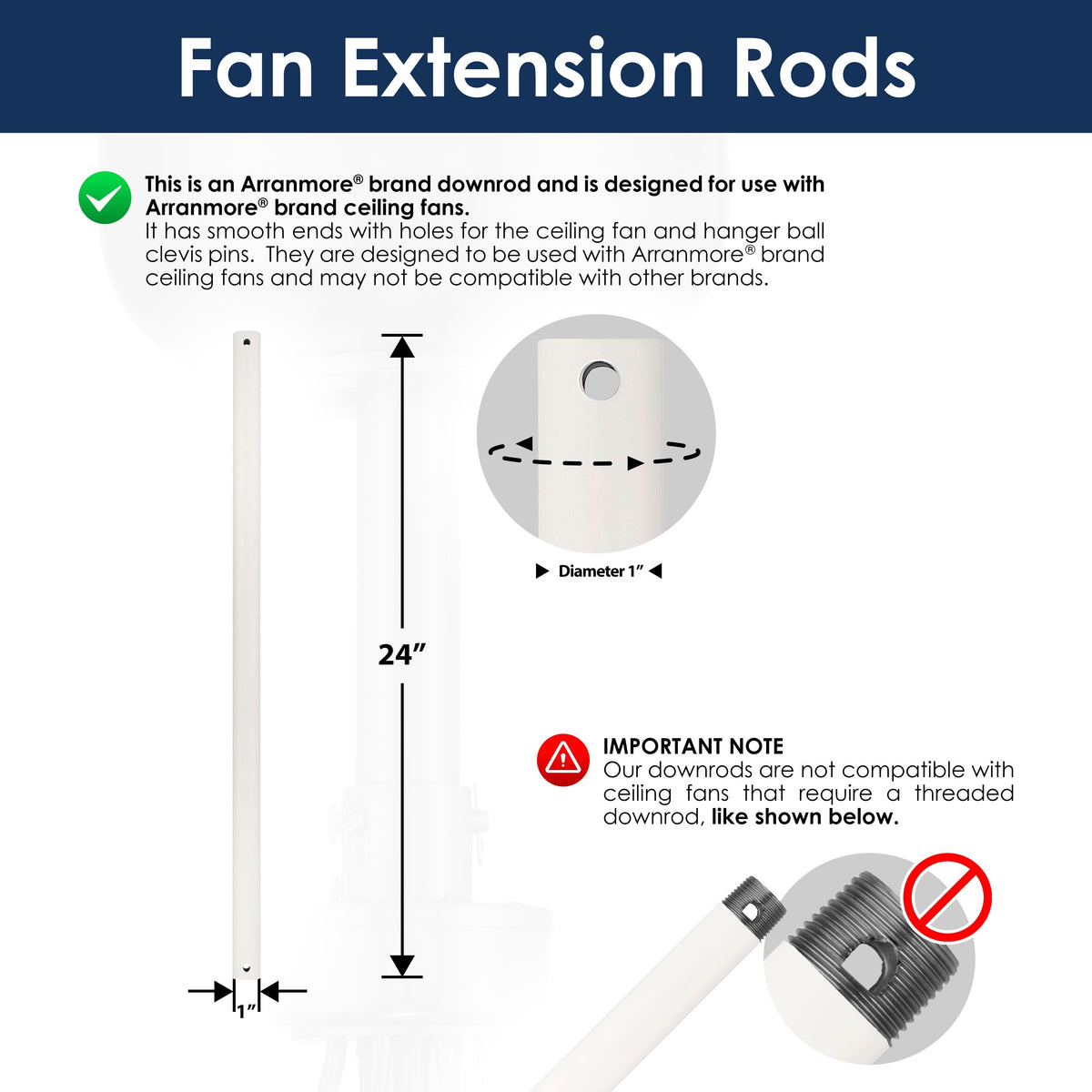 Steel Fandelier Downrod | Fan Extension Rod | Matte White