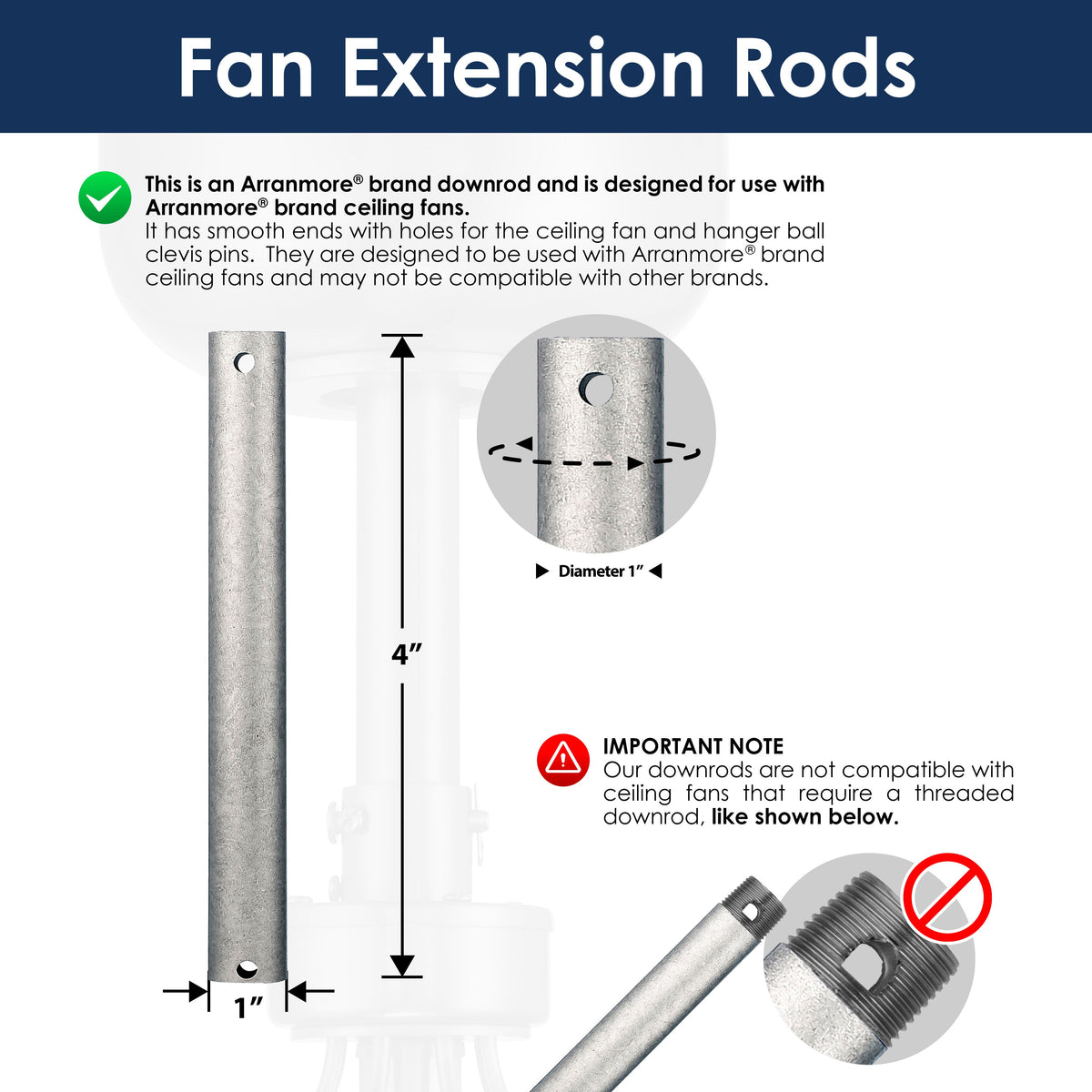 4-inch Fan extension rod in galvanized with specifications and compatibility information on a white background
