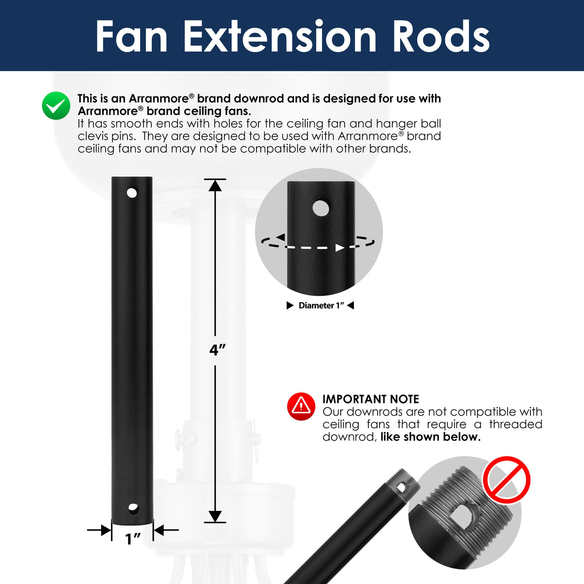 4-inch fan extension rod in matte black with dimensions and compatibility information on a white background
