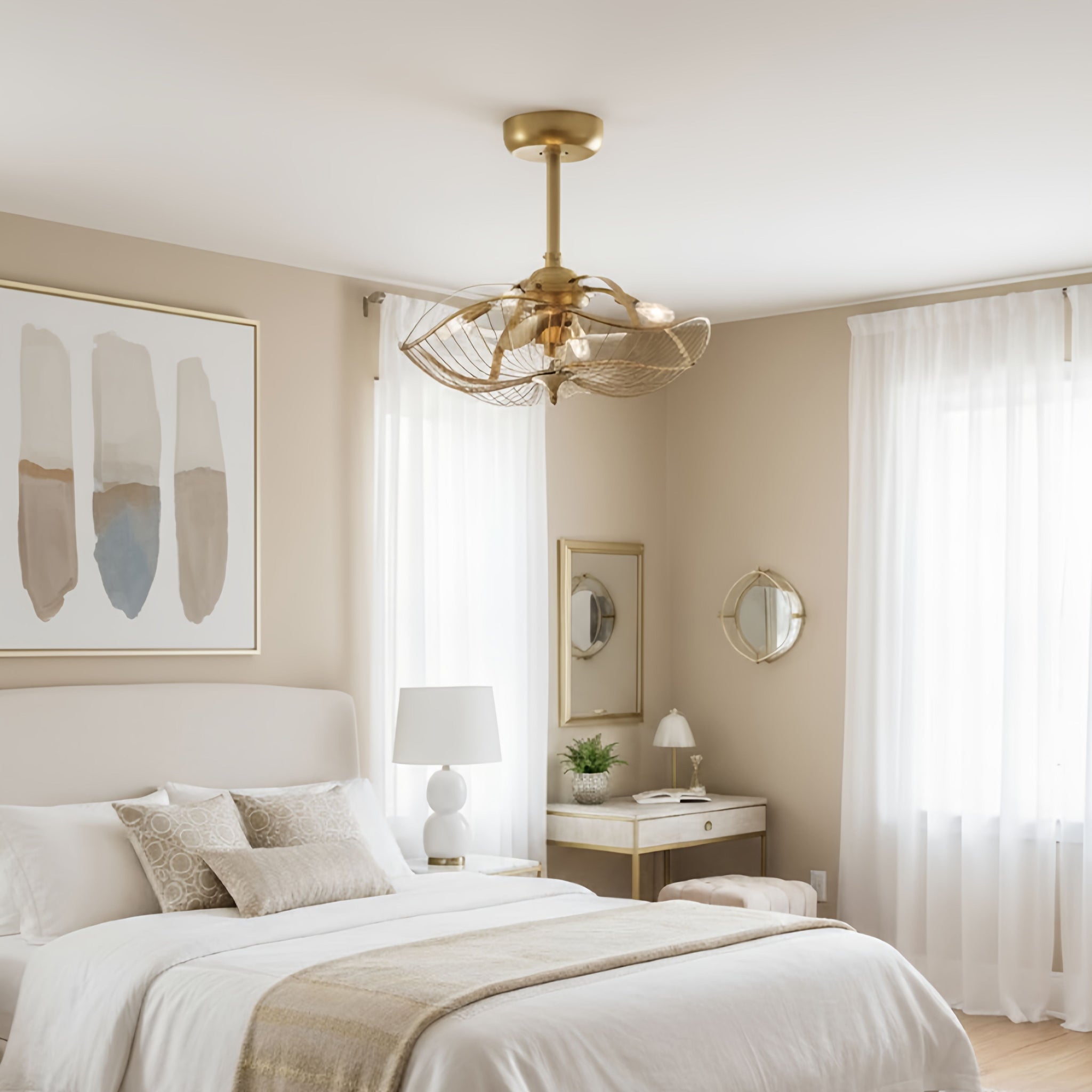 AURI™ Fandelier Ceiling Fan 22inch- Aged Brass Finish in modern bedroom