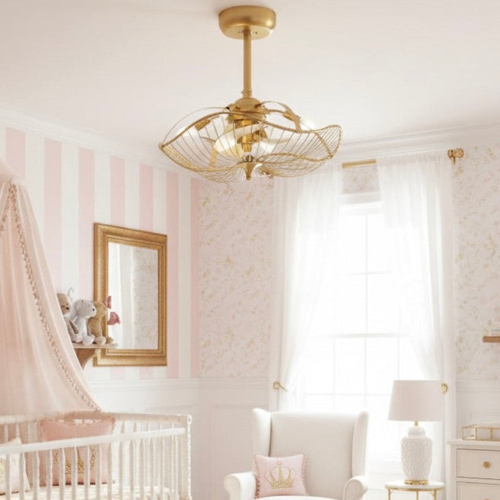 AURI™ Fandelier Ceiling Fan 22inch- Aged Brass Finish in pink nursery for girls room
