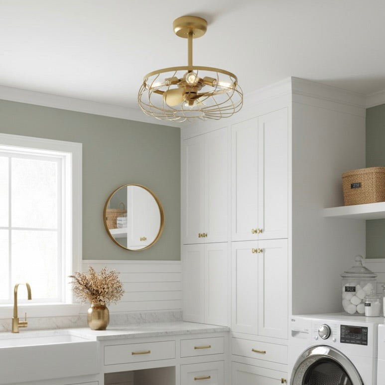 laundry room featuring Santiago® 22 inch Fandelier, a caged ceiling fan featured in Aged Brass Finish