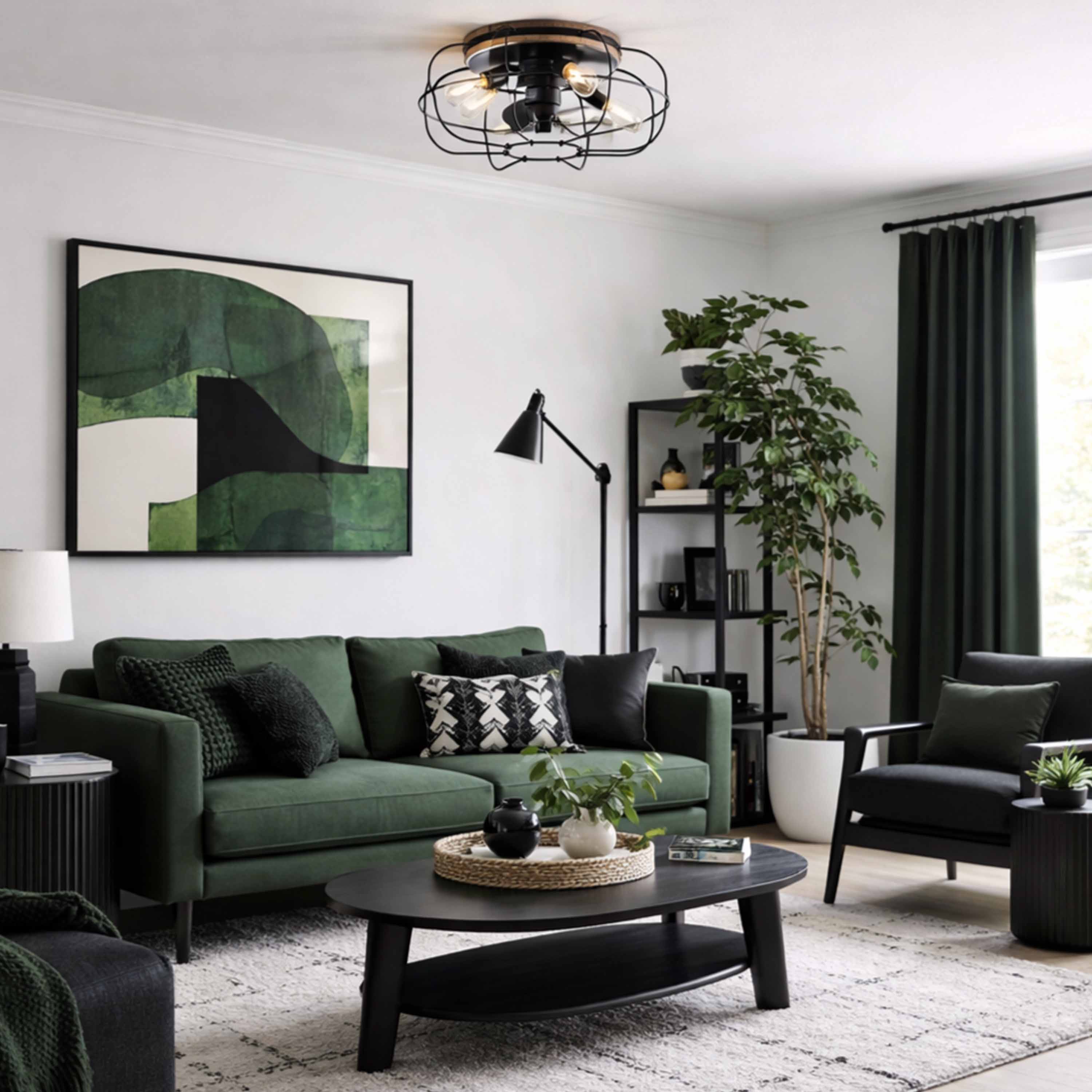 Living room featuring JAXON® 22" Flush Mount Caged Ceiling Fan in Textured Satin Black Finish