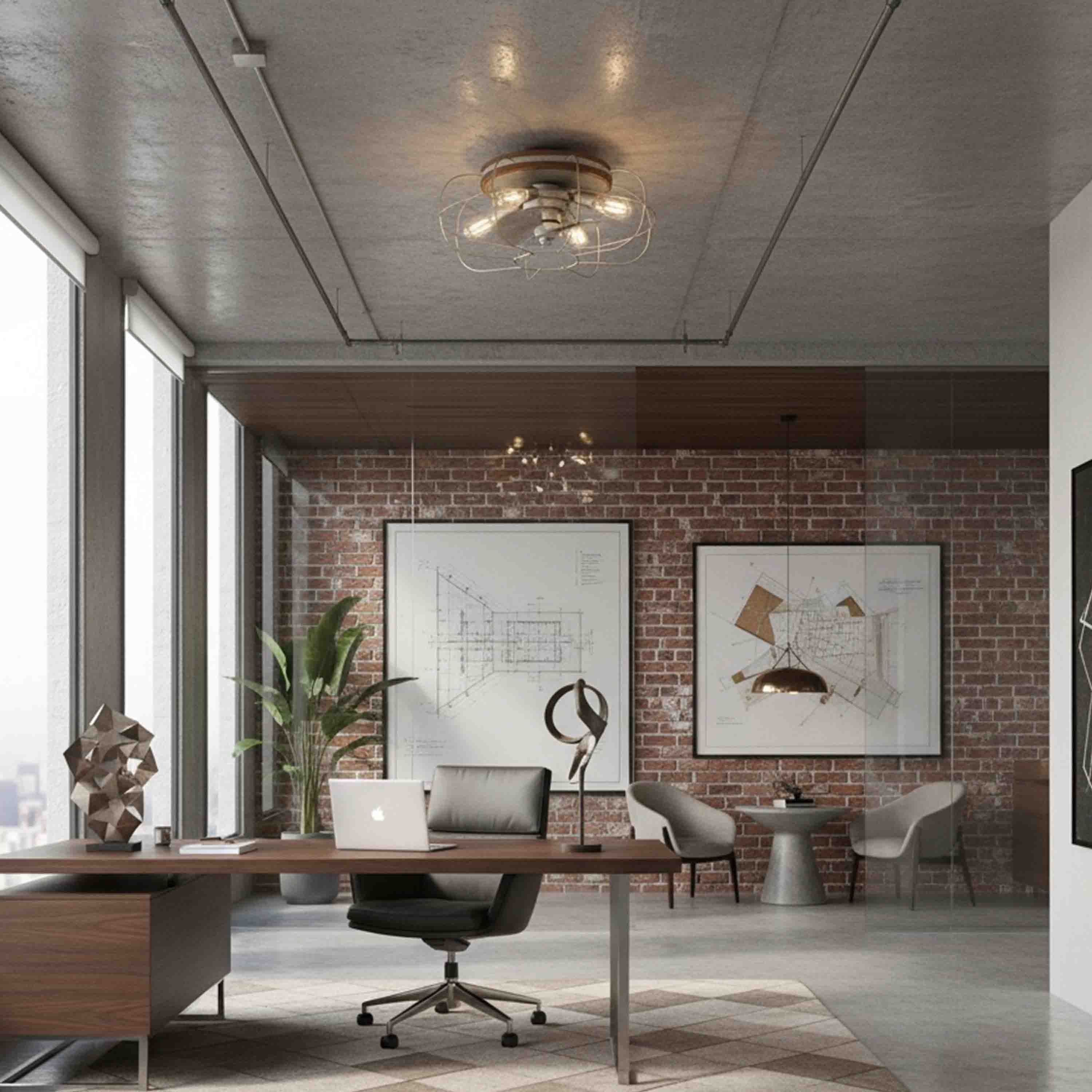 industrial office featuring JAXON® 22" Flush Mount Caged Ceiling Fan in the Galvanized Finish