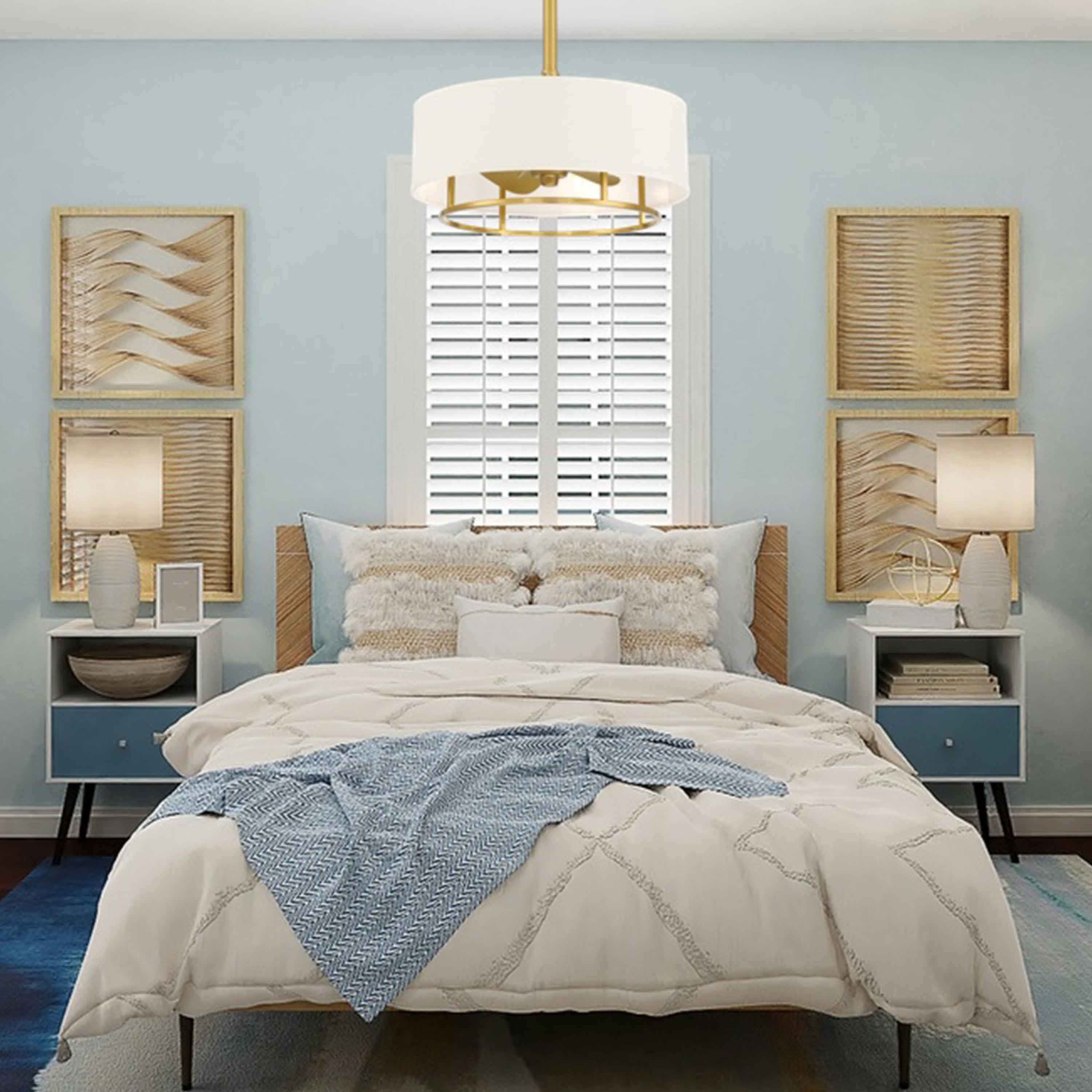 bedroom featuring KAITI™ Fandelier 20" Drum Shade Ceiling Fan in Aged Brass