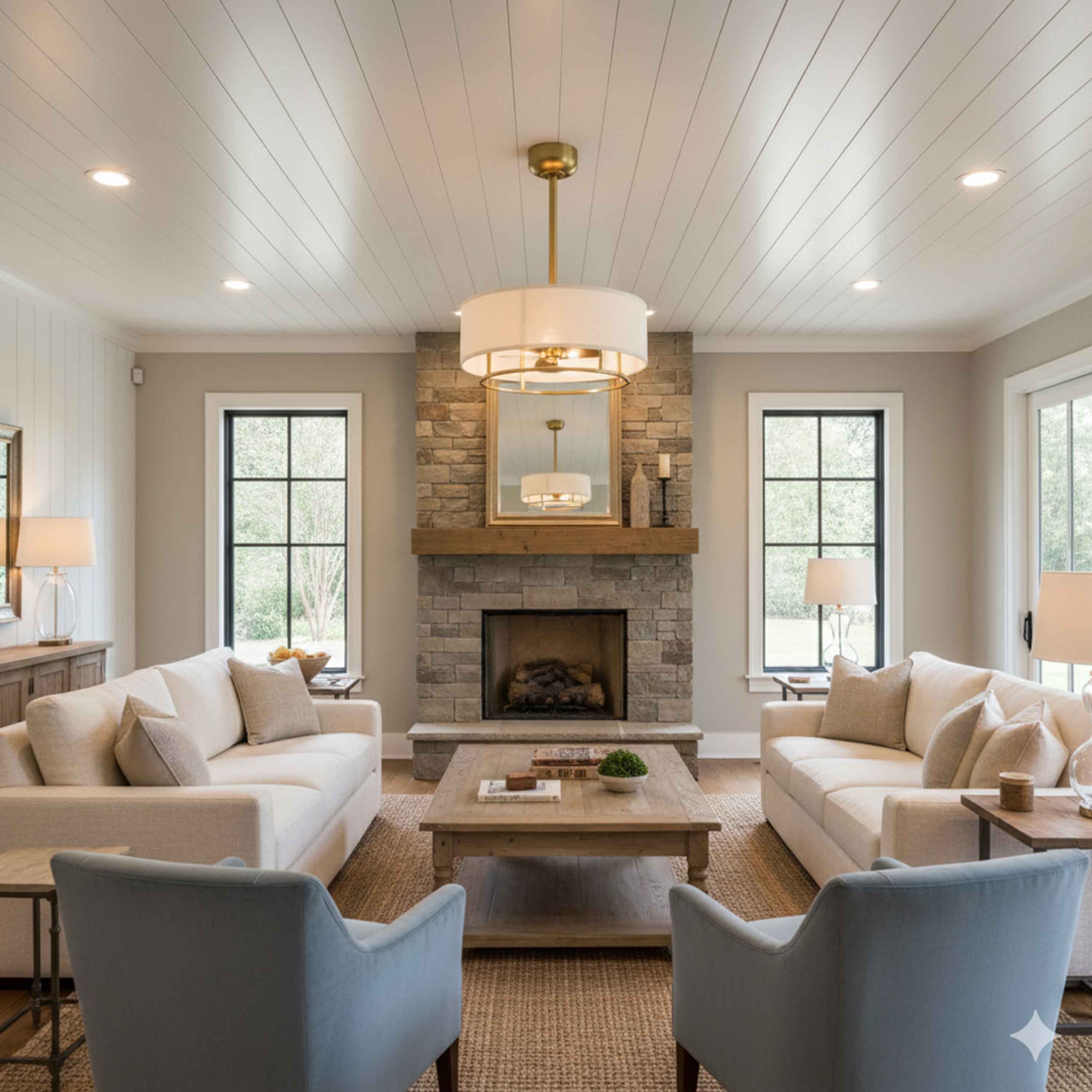 Modern living room featuring KAITI™ Fandelier 20" Drum Shade Ceiling Fan in Aged Brass