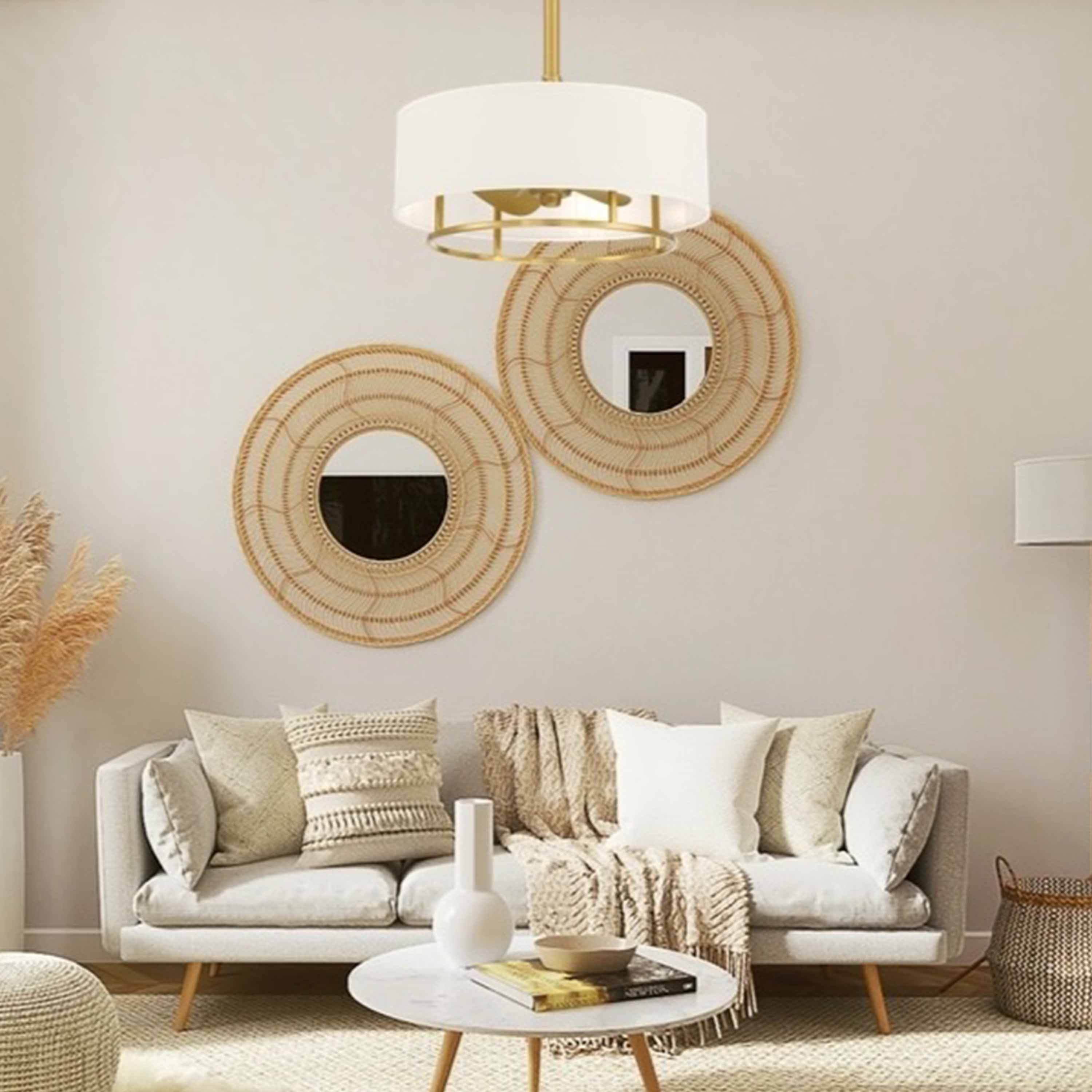 living room shown with KAITI™ Fandelier 20" Drum Shade Ceiling Fan in Aged Brass