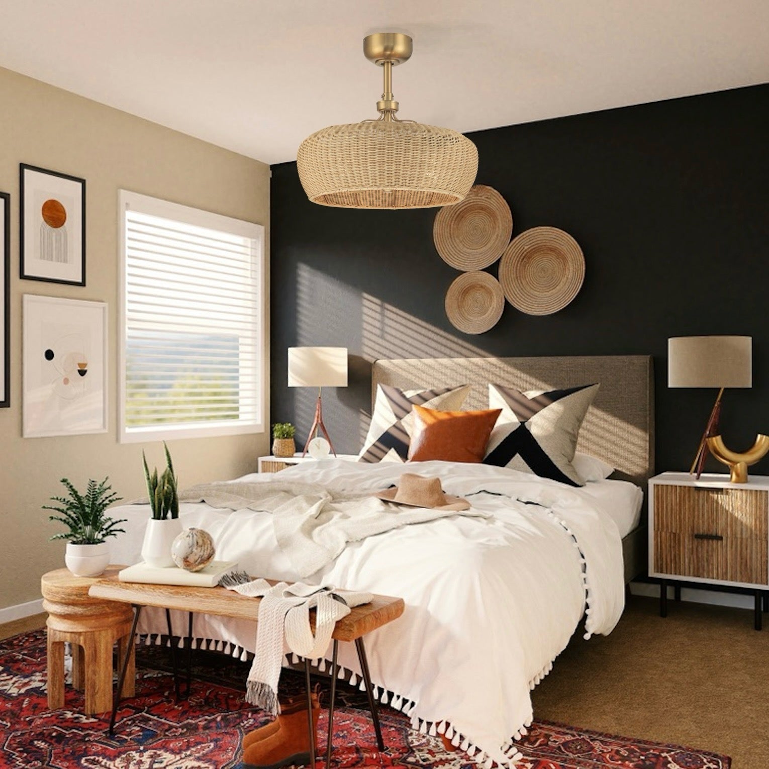 Bedroom ceiling fan featuring Maribel Fandelier Rattan 22inch Ceiling Fan in Aged Brass with LED lights and Remote Control