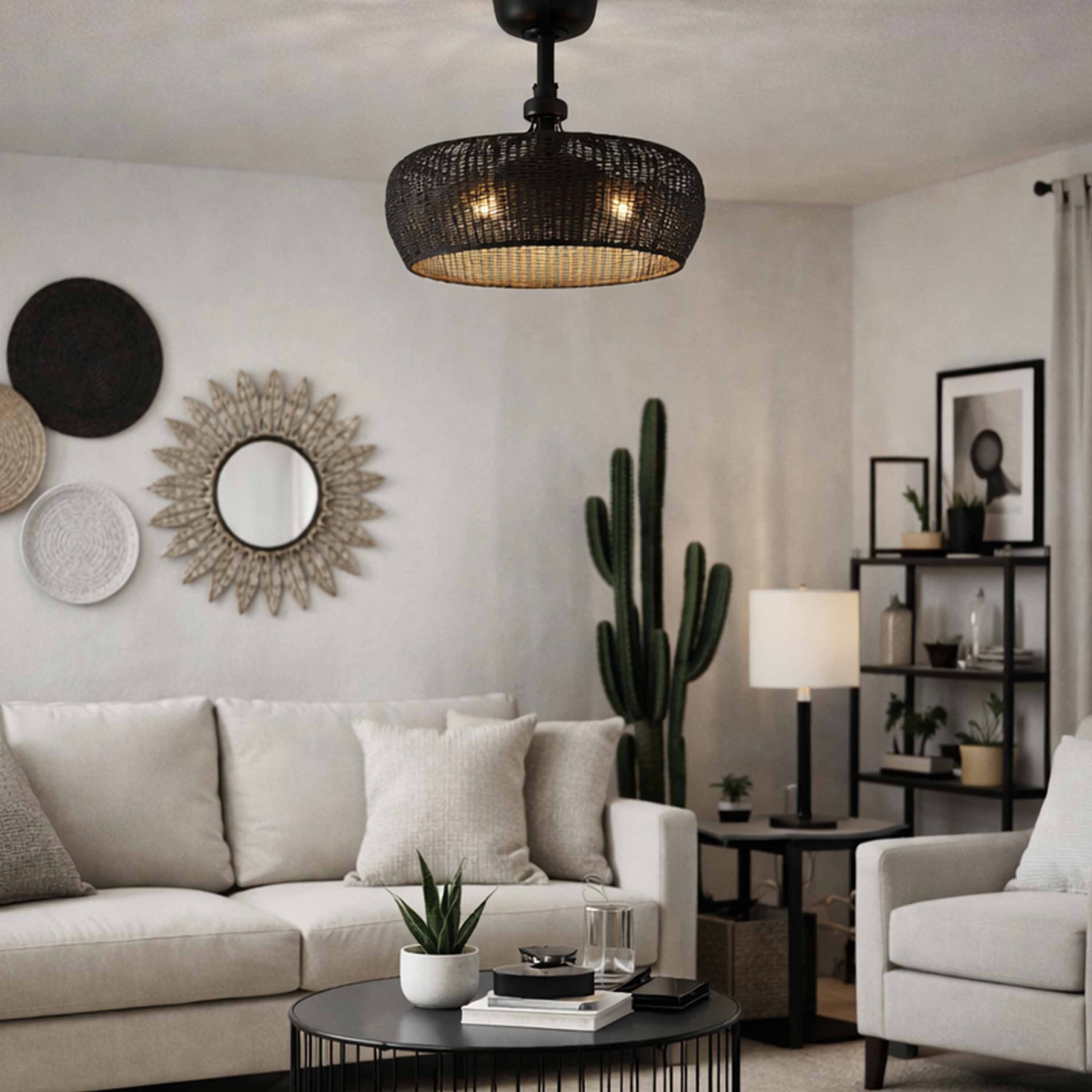 living room featuring MARIBEL® Fandelier- 22" Rattan Shade Ceiling Fan- Matte Black