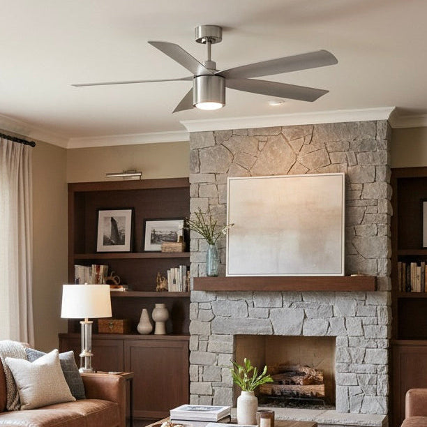 Modern living room with Ravian 52 inch Ceiling Fan with LED light in Brushed Nickel
#finishes_brushed nickel