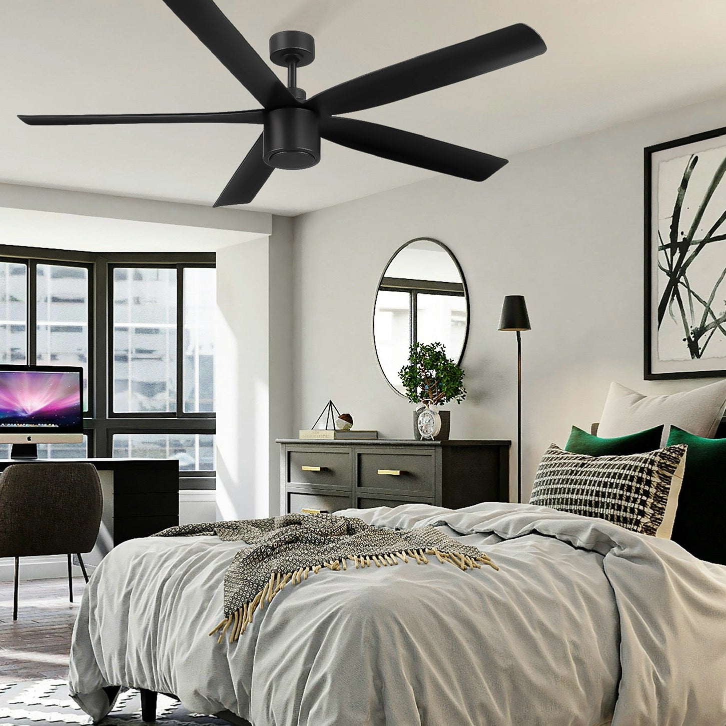 Modern Bedroom with Ravian 52 inch Ceiling Fan with LED light in Matte Black
#finishes_matte black
