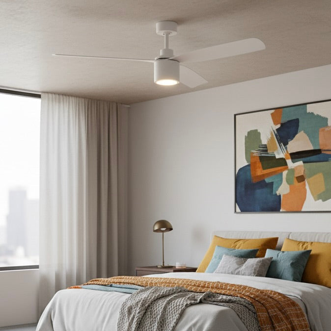 Modern bedroom showing Ravian 52 inch Ceiling Fan with LED light in Matte White
#finishes_matte white