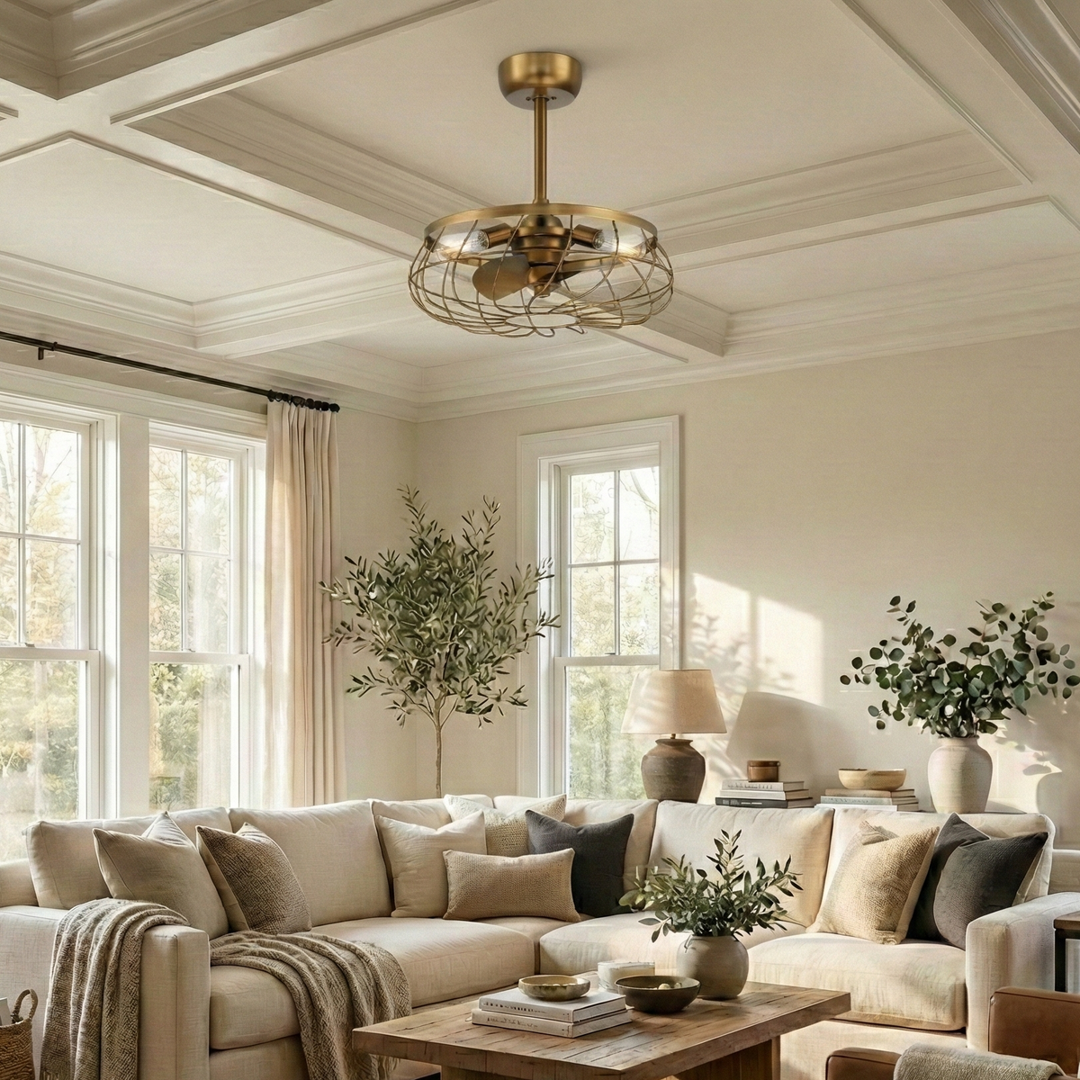 living room featuring the Santiago® 22 inch Fandelier, a caged ceiling fan featured in Brushed Satin Brass Finish