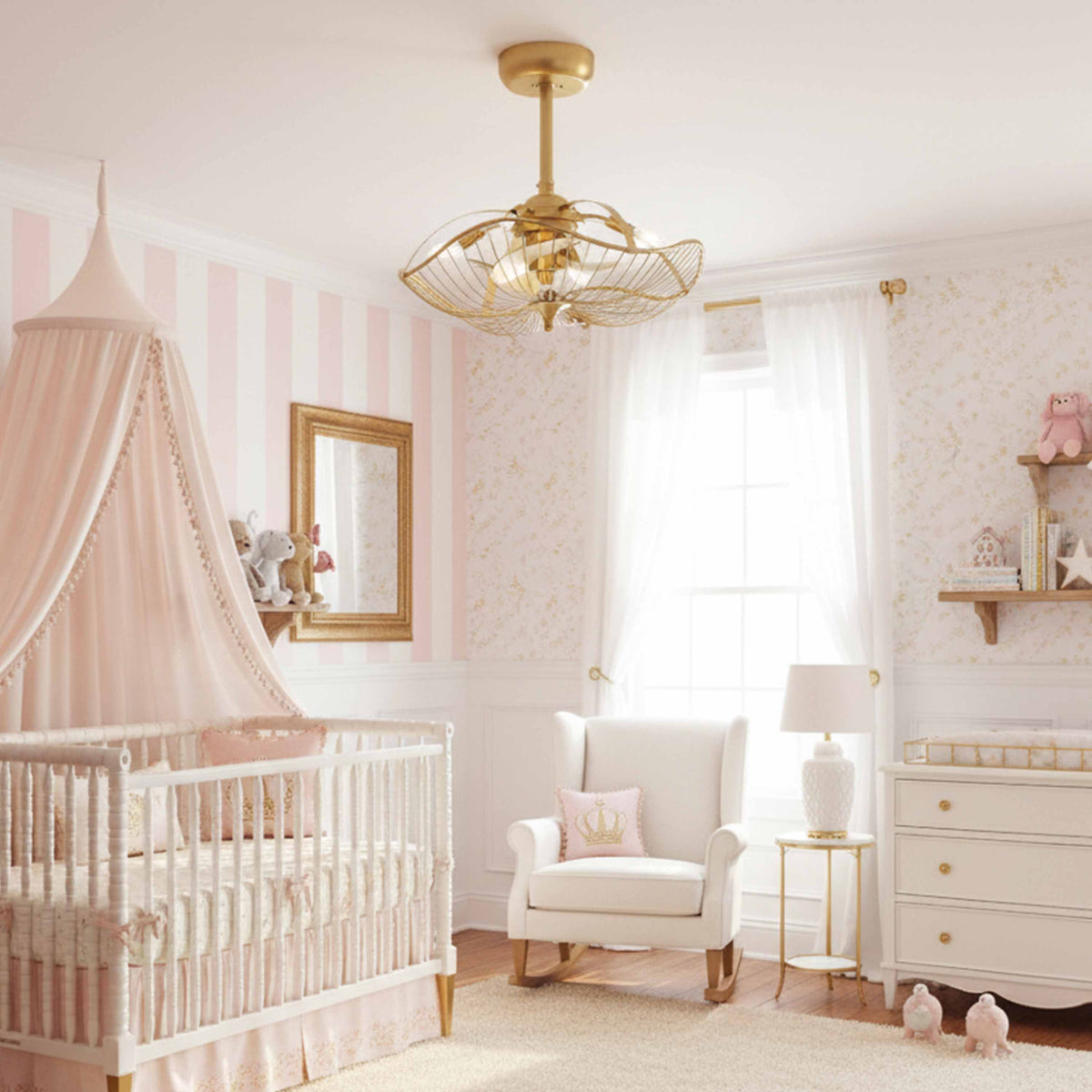 girls nursery featuring AURI Fandelier, a 22inch Ceiling Fan in Brushed Satin Brass