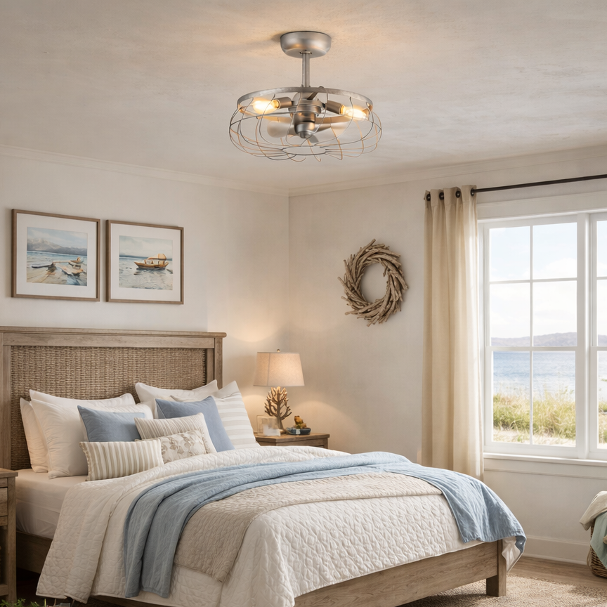 bedroom featuring Santiago® 22 inch Fandelier Caged Ceiling fan in Galvanized Finish
